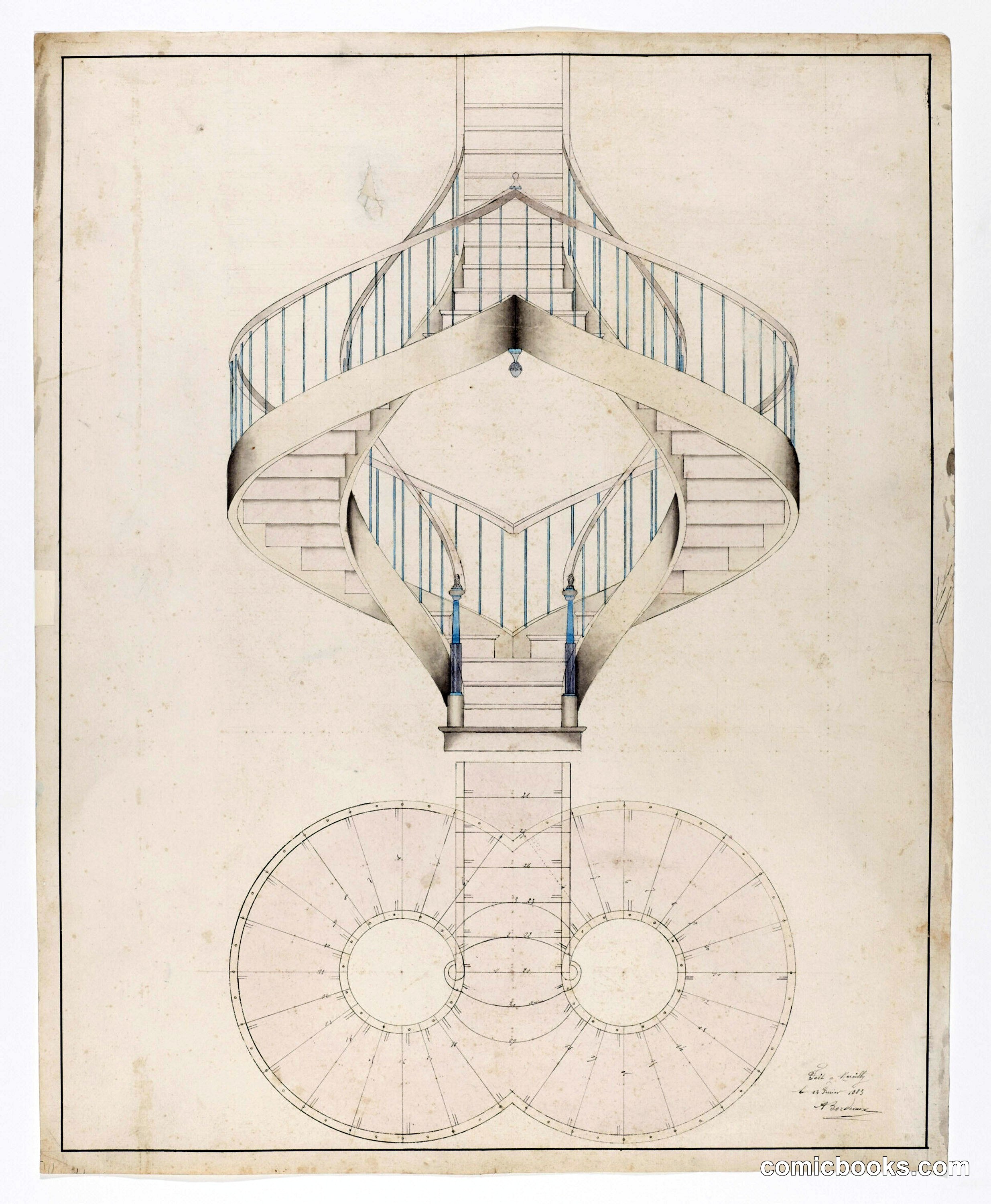 Perspective Elevation and Plan View of a Double Spiral Staircase