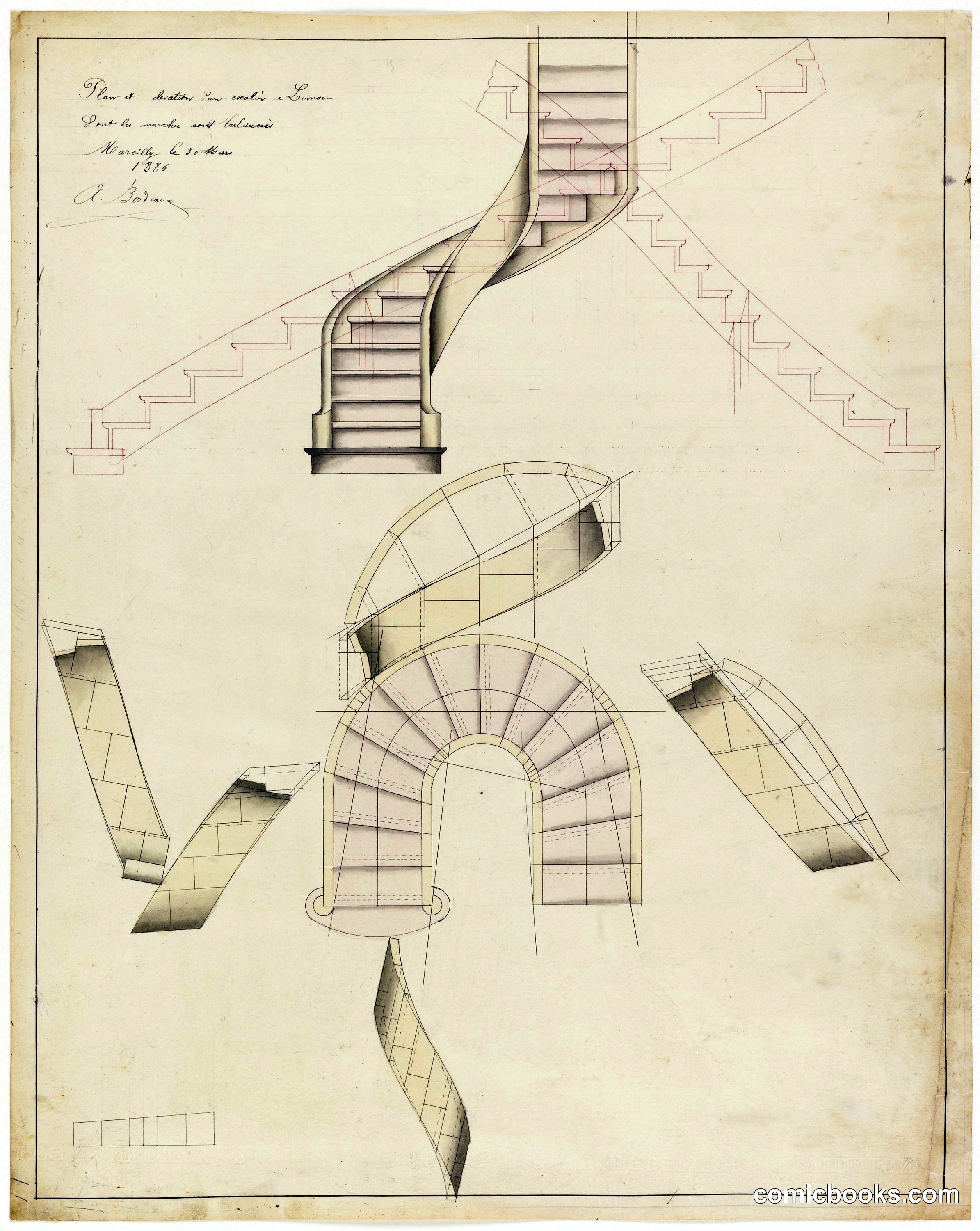 Elevation and Plan View for a Spiral Staircase