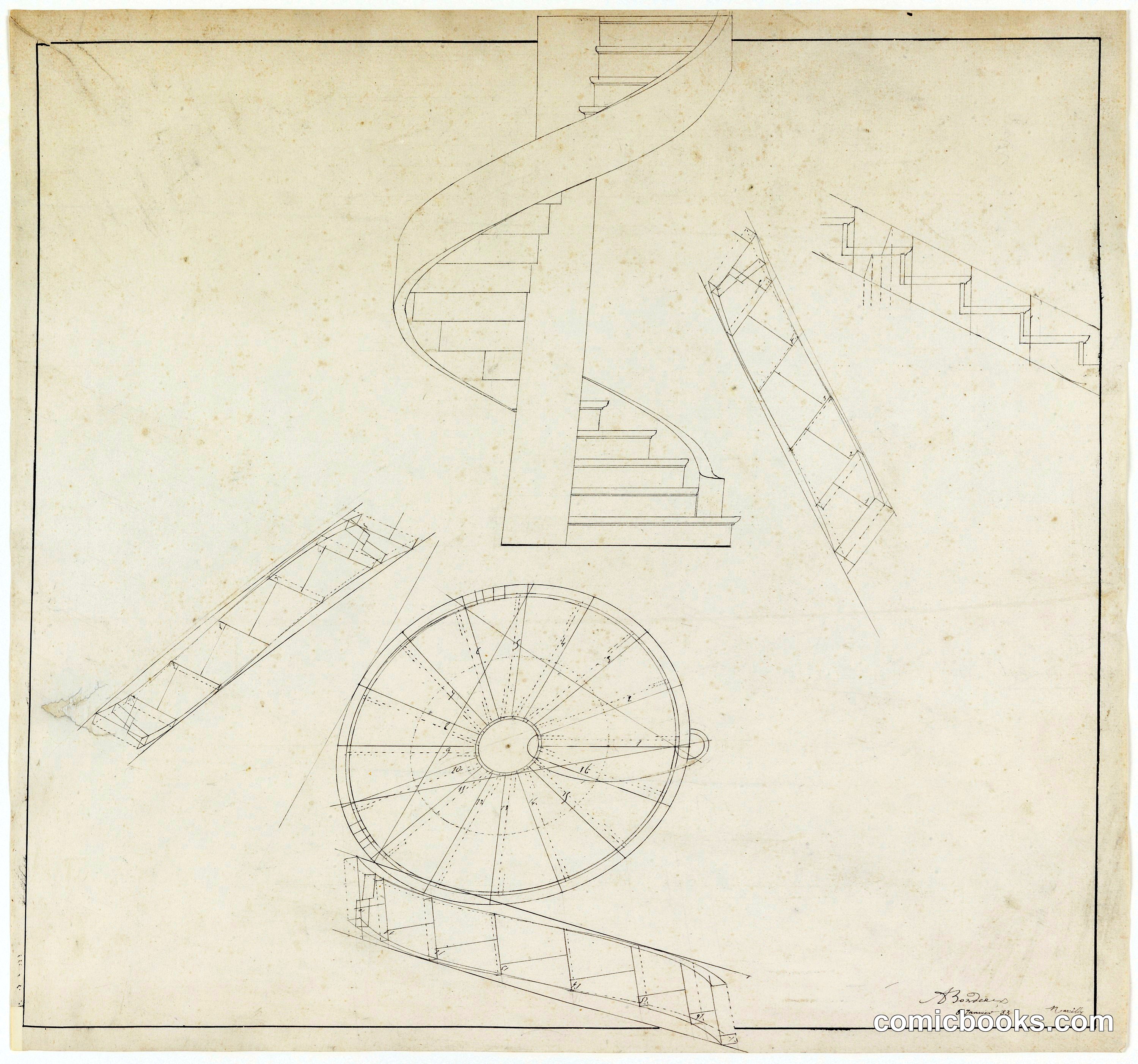 Elevation and Plan View for a Spiral Staircase