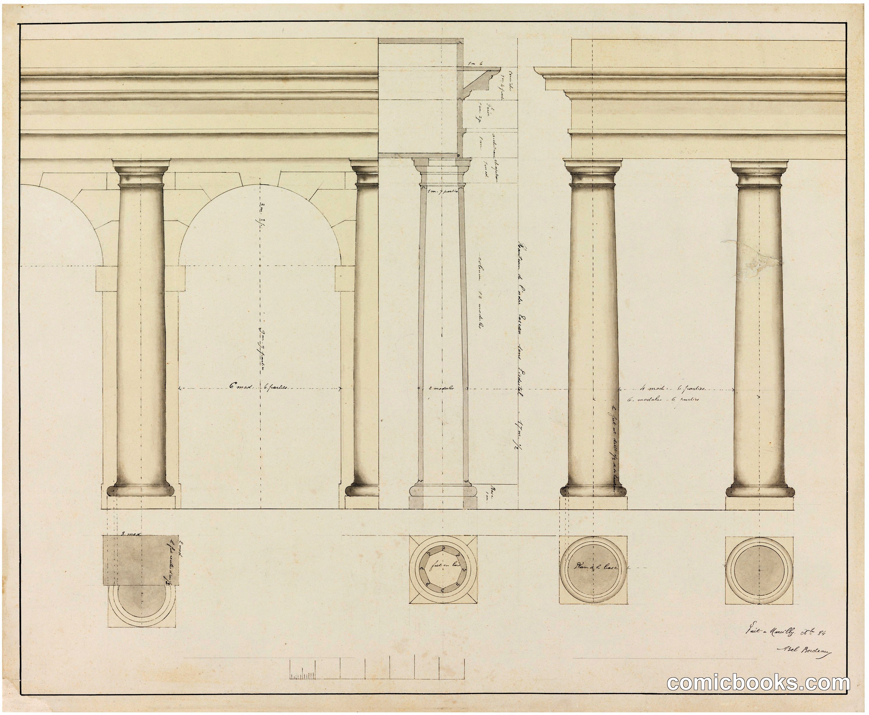 Elevation of Section of a Wall with Columns and Arch