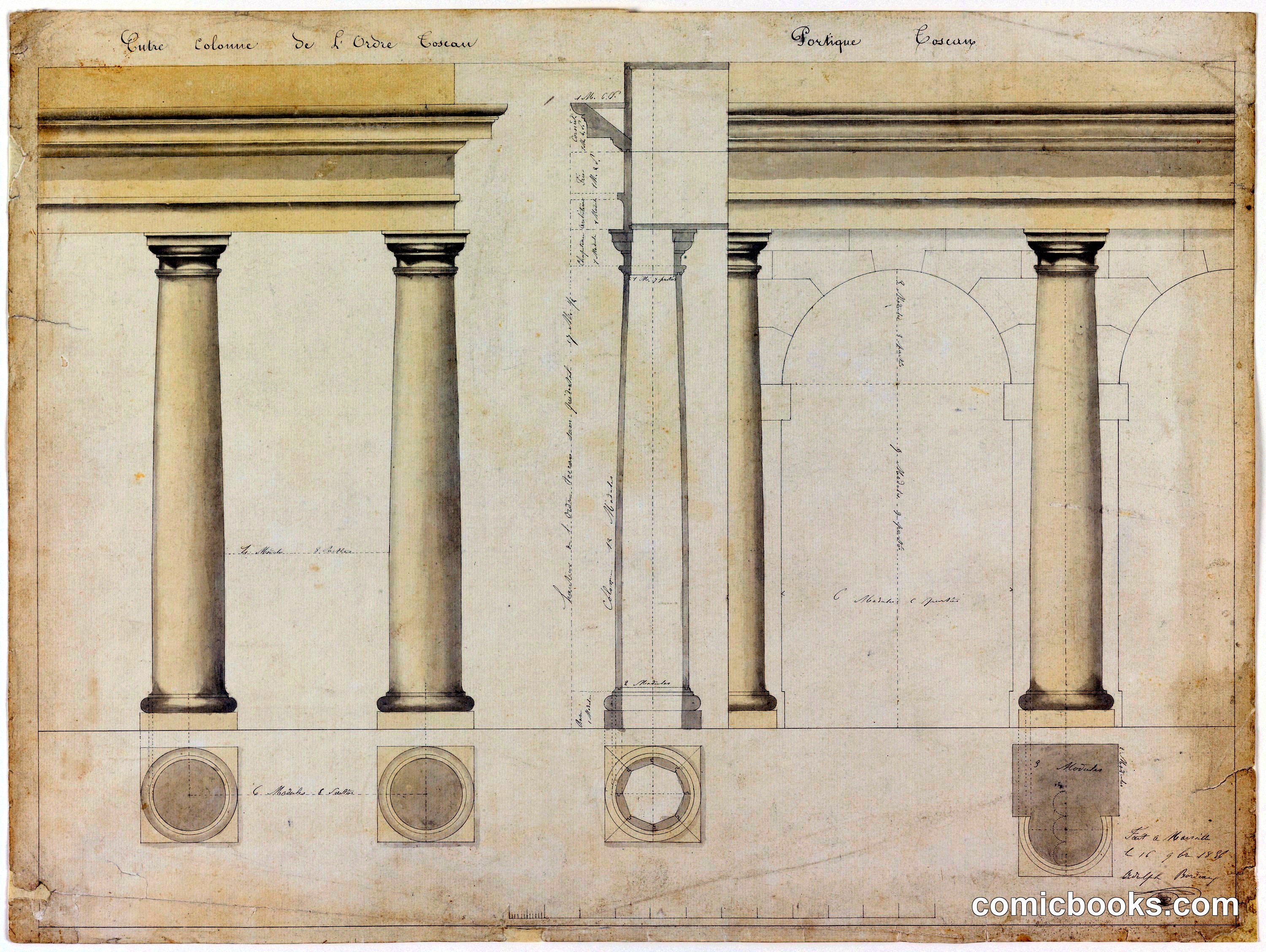 Elevation of Section of a Wall with Columns and Arch at Right