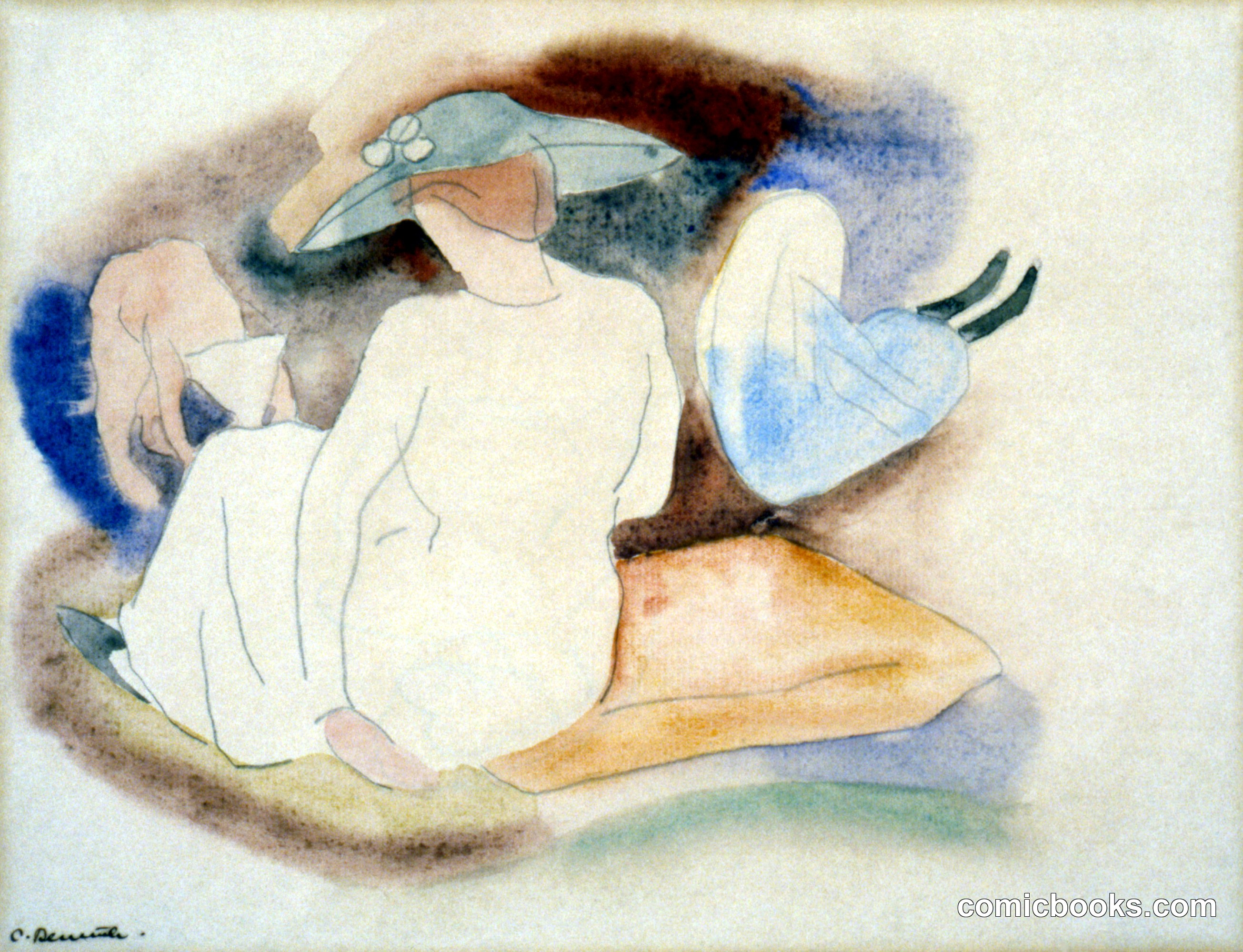 Woman with Hat and Two Figures