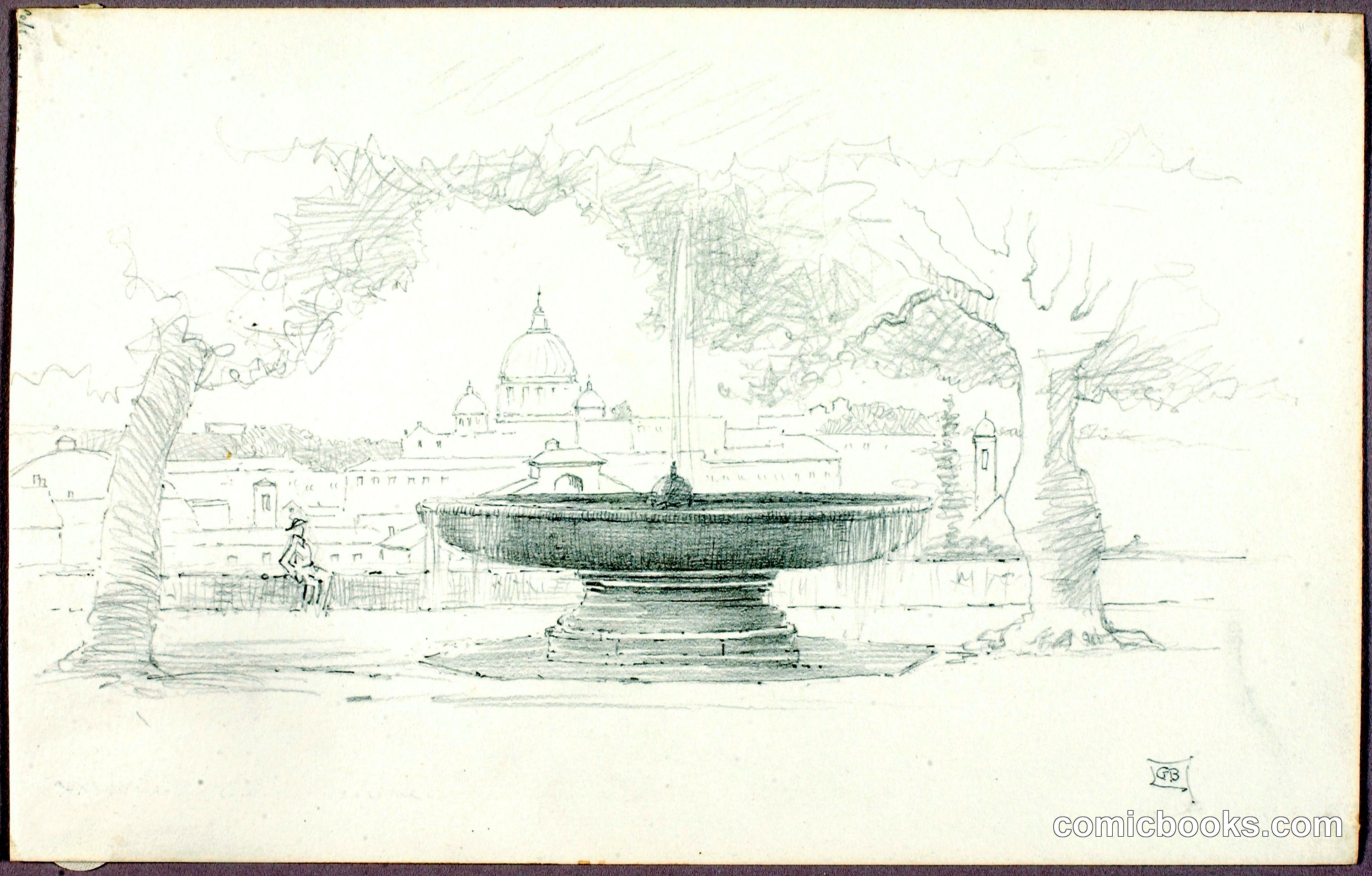 Architectural Sketch with Fountain and Distant Dome
