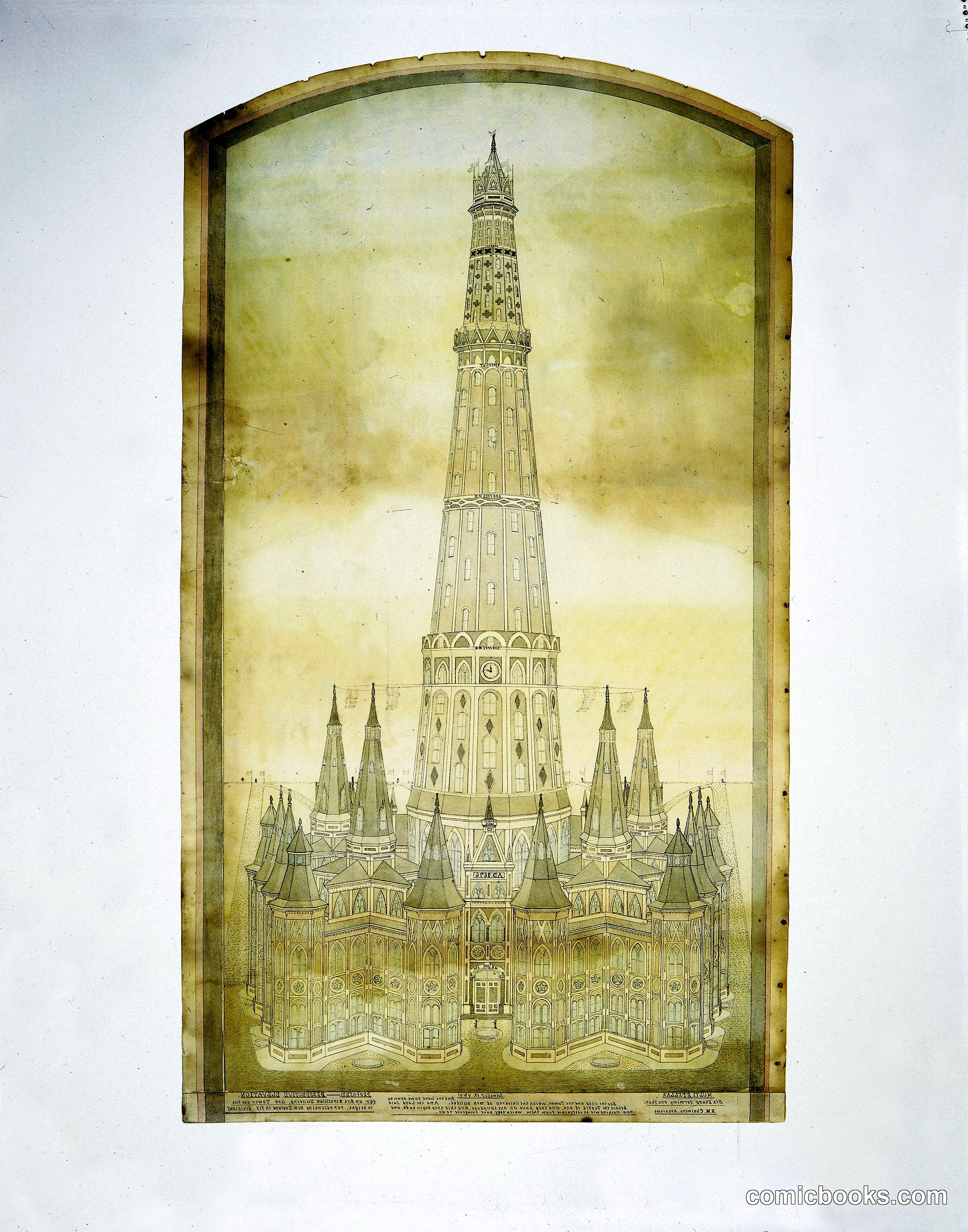 Proposed Perspective Elevation for an Art Exposition Building, and Tower 600 feet in height, representing New England in six divisions