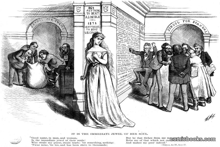 Columbia between thieves and scandal (Nast cartoon, 1872)