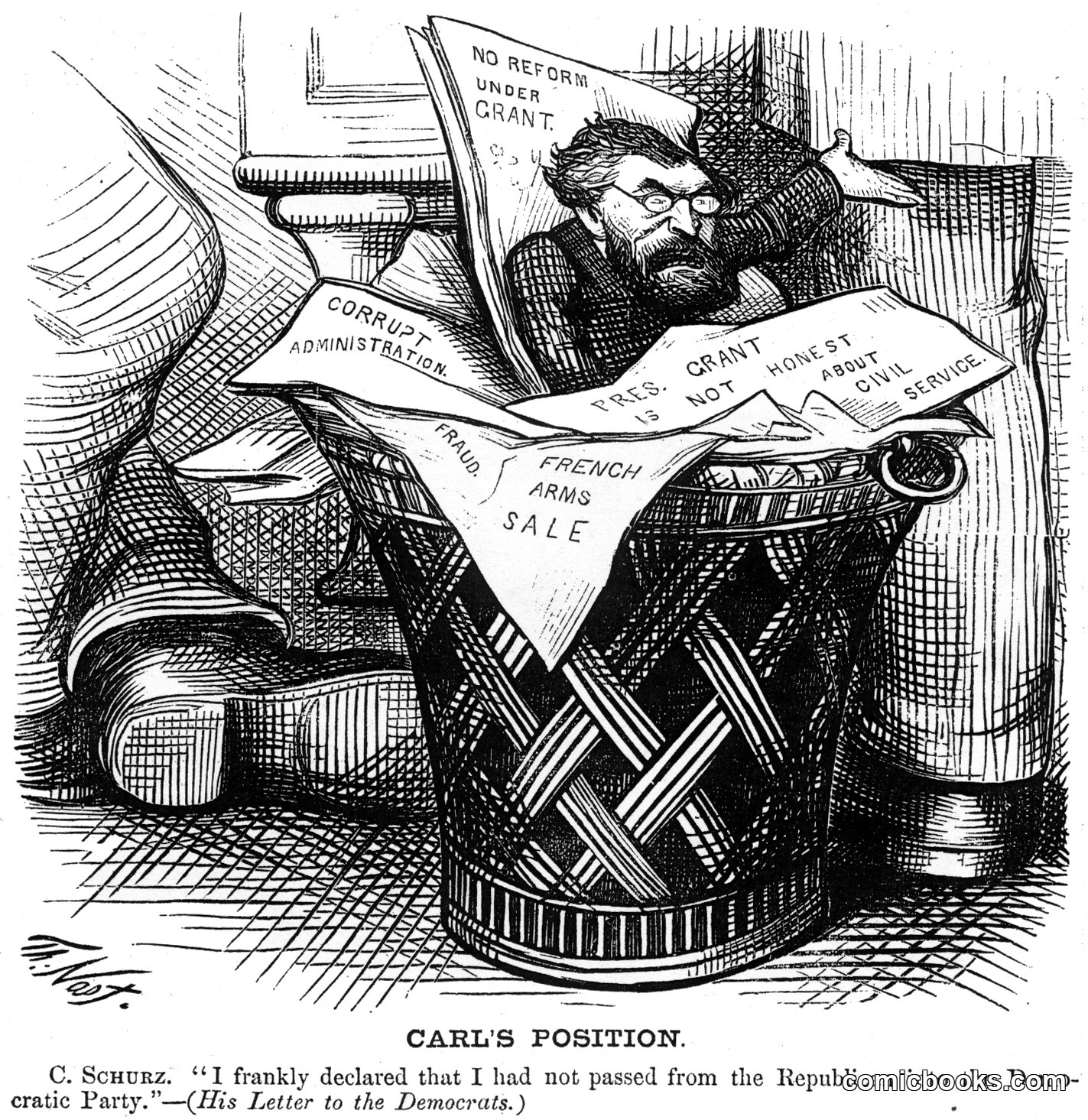 Carl Schurz in a Trash Receptacle