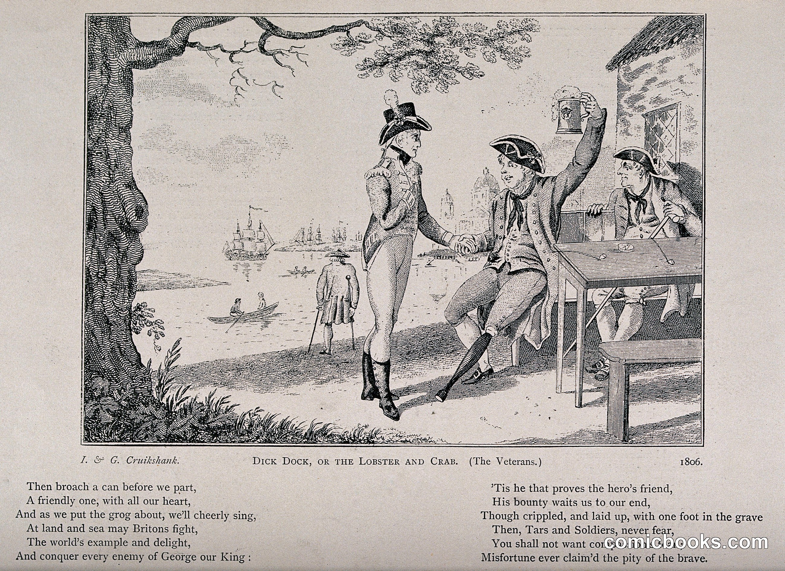 Two naval veterans drinking to the future outside a seaside inn, with an accompanying poem
