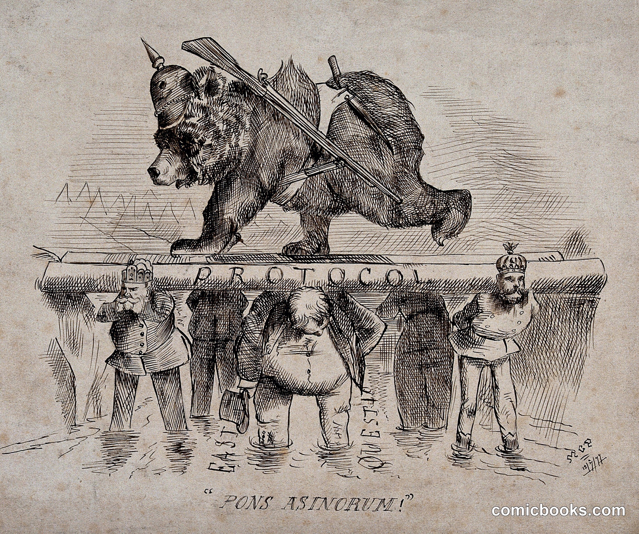 A Bear Dressed as a Soldier Supported by Six Men