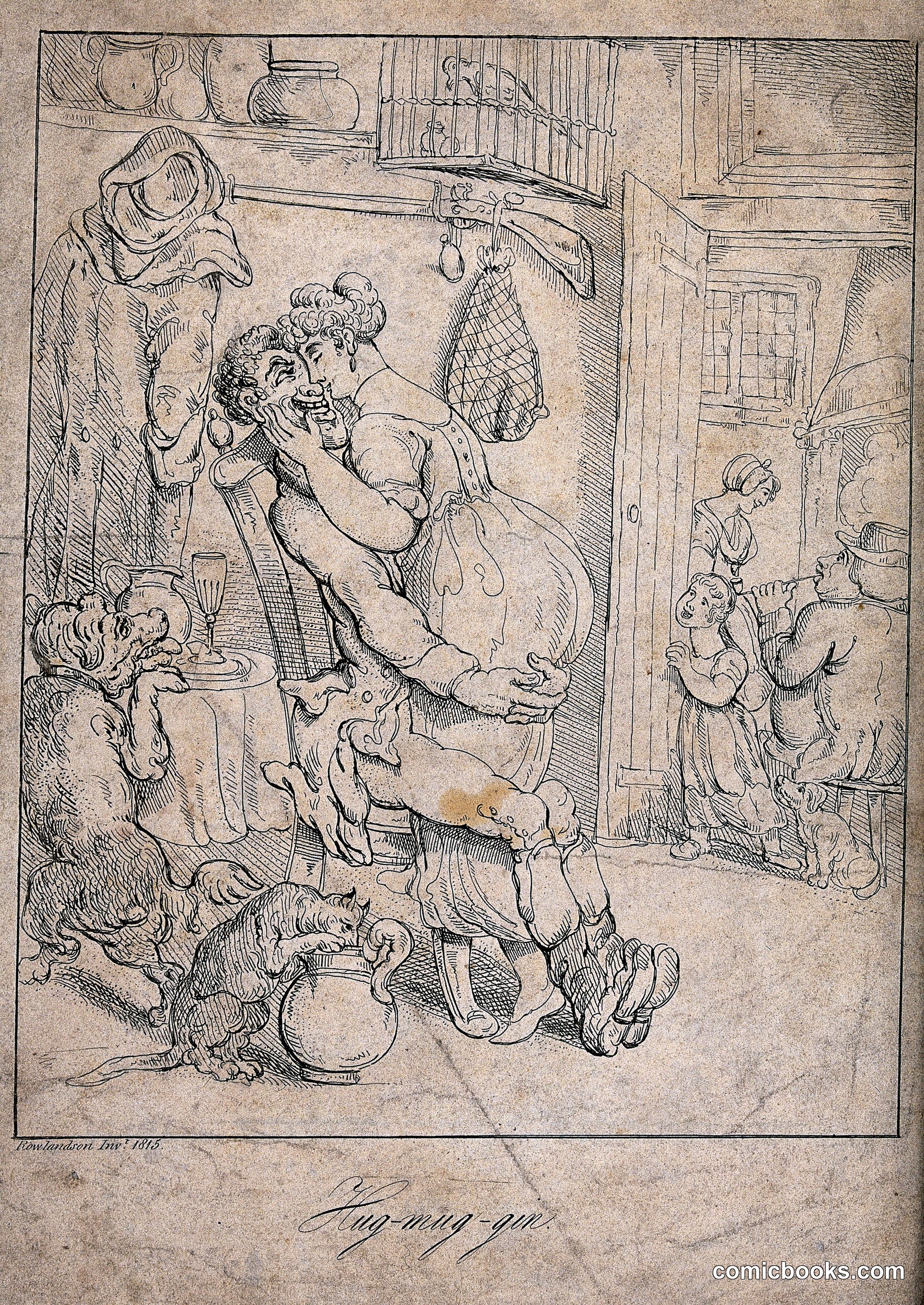 A Man and a Young Woman Embrace, Watched by a Young Girl and a Dog