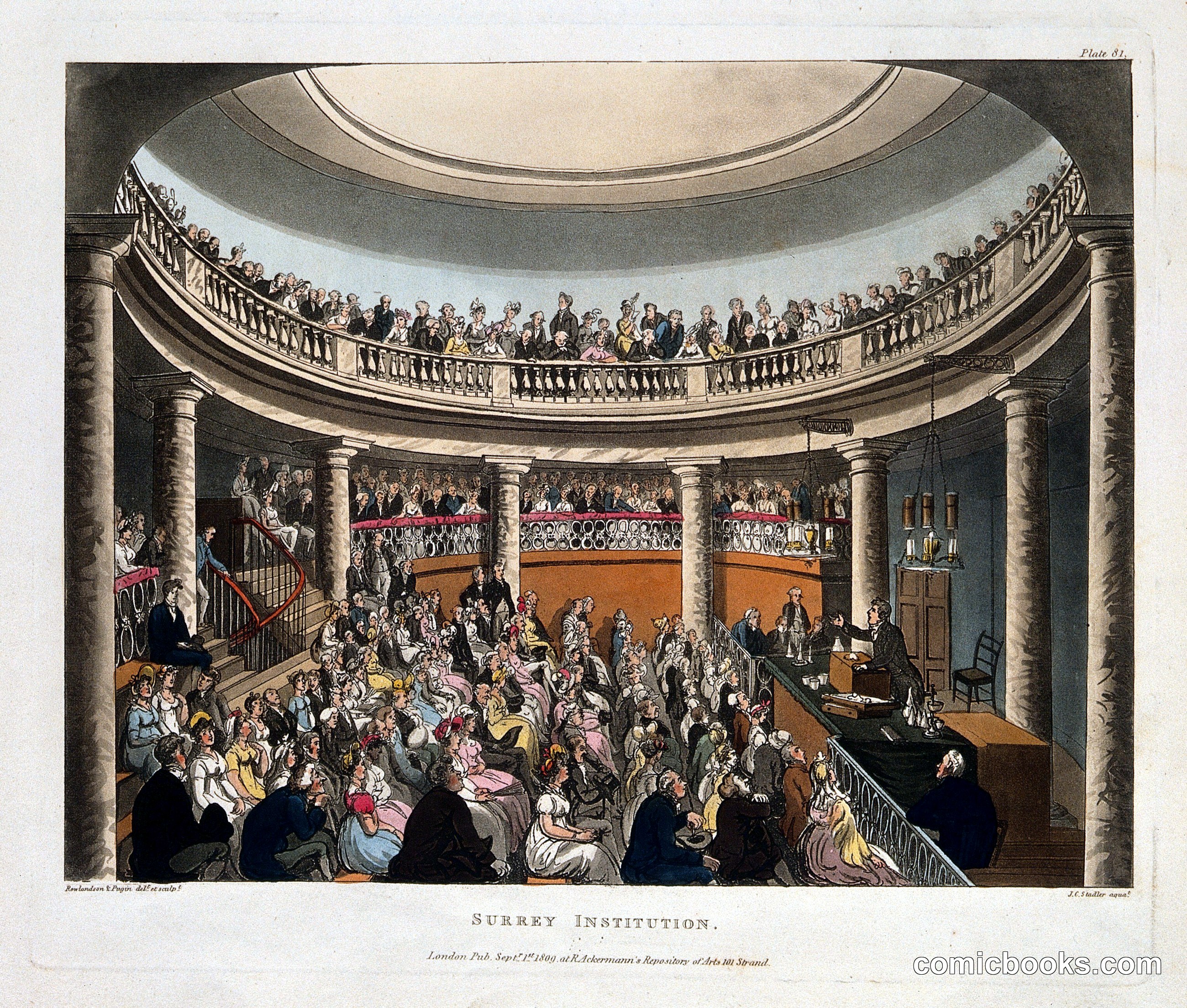 Surrey Institution: Interior of the Rotunda with F. Accum Lecturing