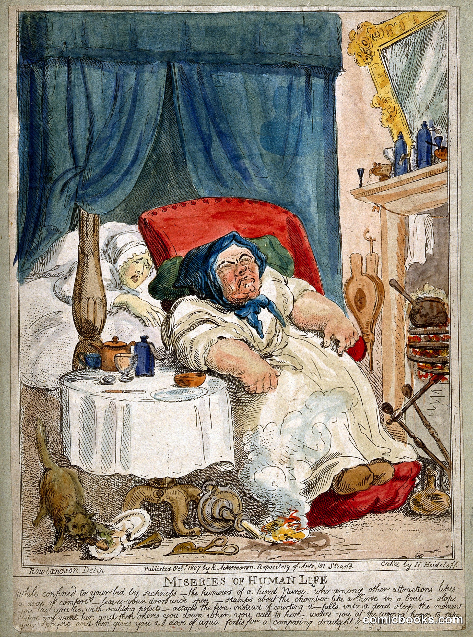 A convalescing woman trying in vain to rouse her slumbering hired nurse: the cat scavenges her food and the candle sets light to the carpet