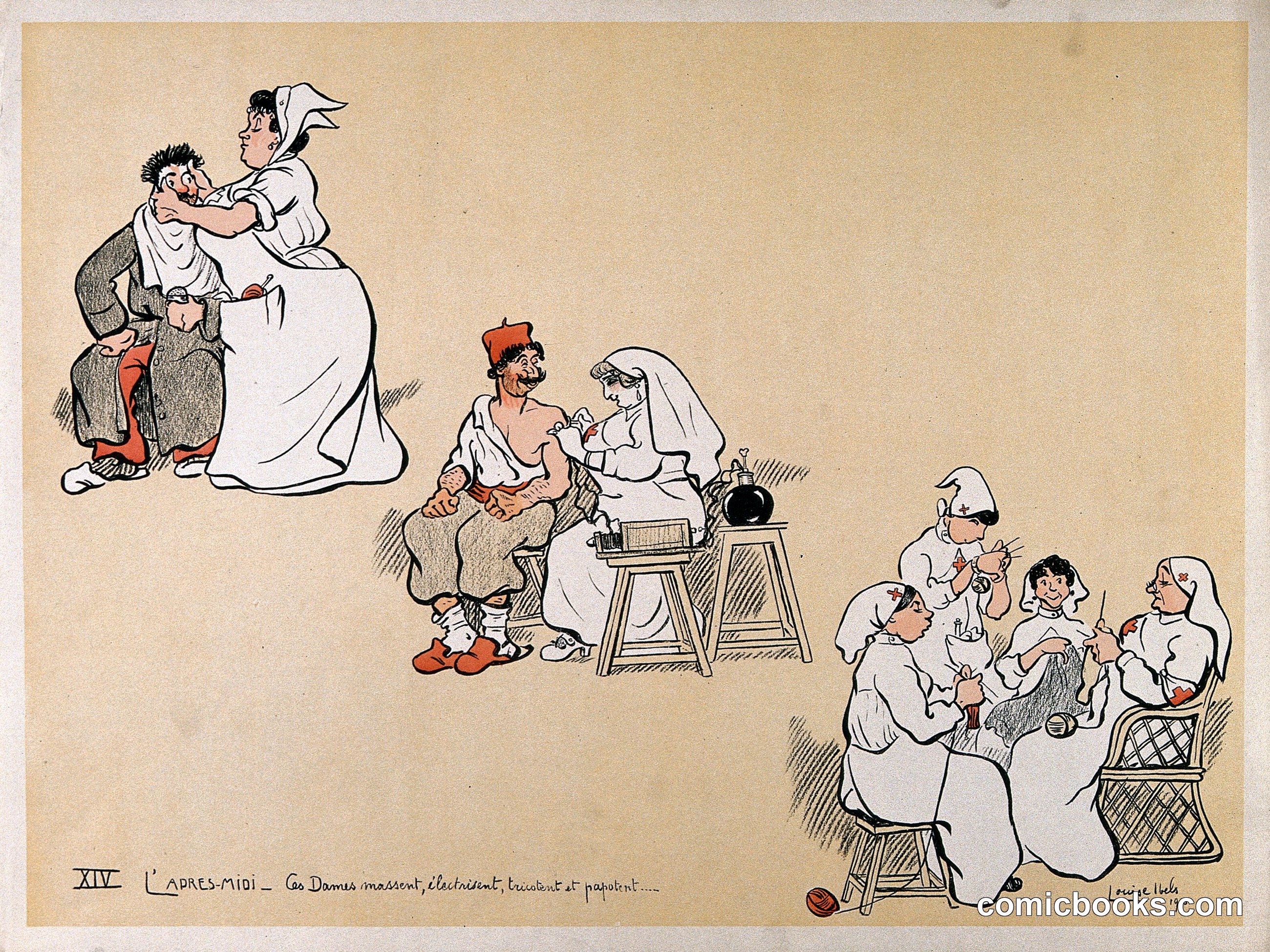Comical Scenes of Nurses Engaged in Massaging and Electrifying Patients, and Knitting
