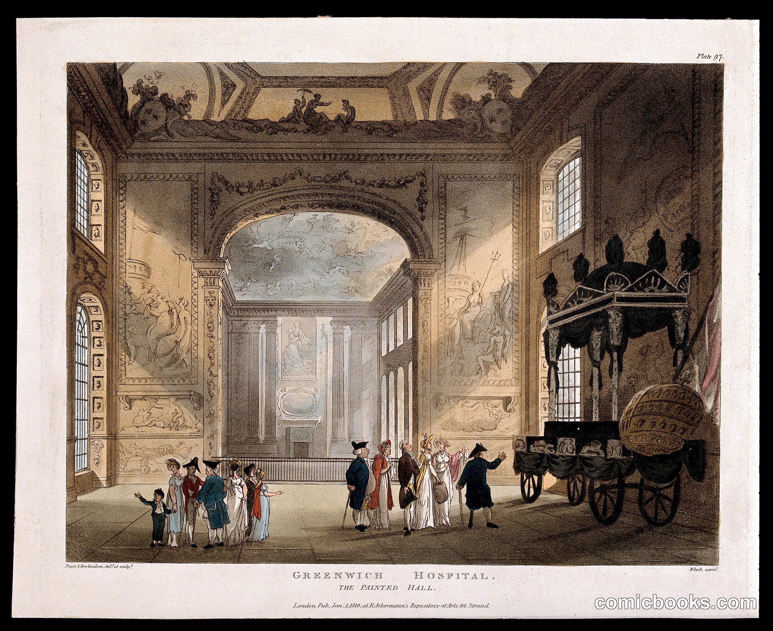 Royal Naval Hospital, Greenwich: Visitors in the Painted Hall, with Nelson's Catafalque