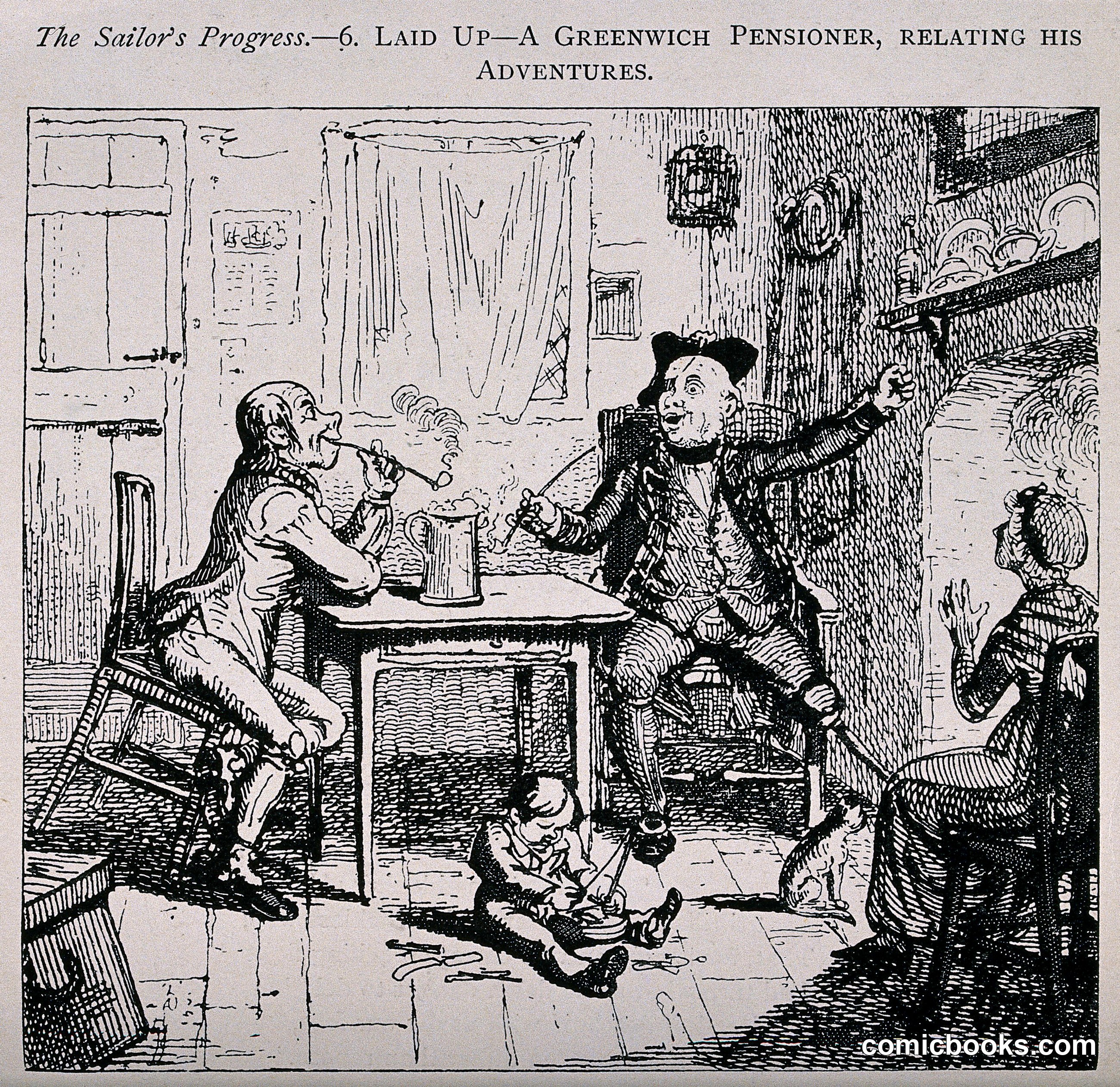 The Sailor's Progress — Plate 6: Laid Up — A Greenwich Pensioner, Relating His Adventures