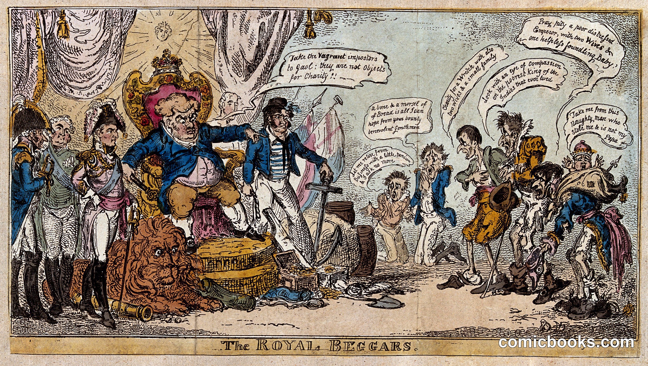 John Bull on a throne receiving emaciated and tattered supplicants for charity, including Napoleon. Coloured etching by G. Cruikshank, 1814.
