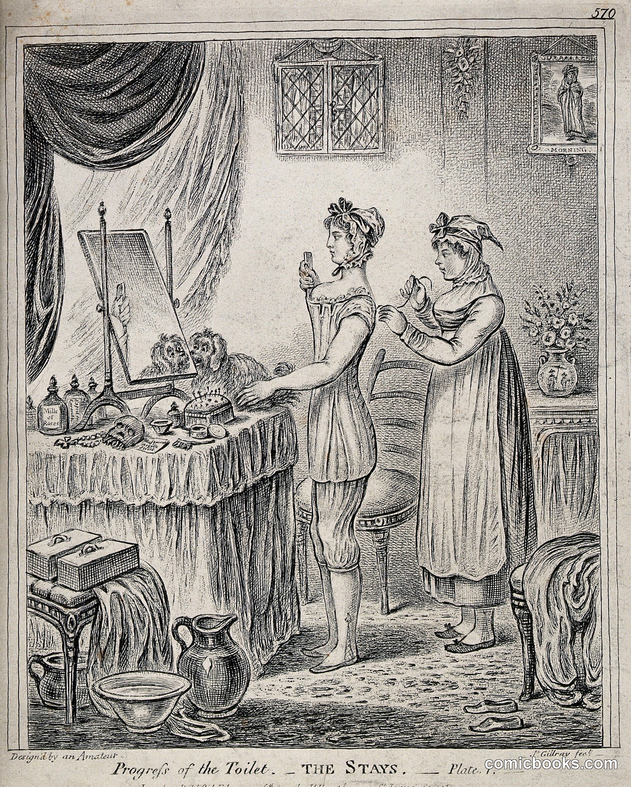 A Woman at Her Dressing Table Being Laced into Her Stays