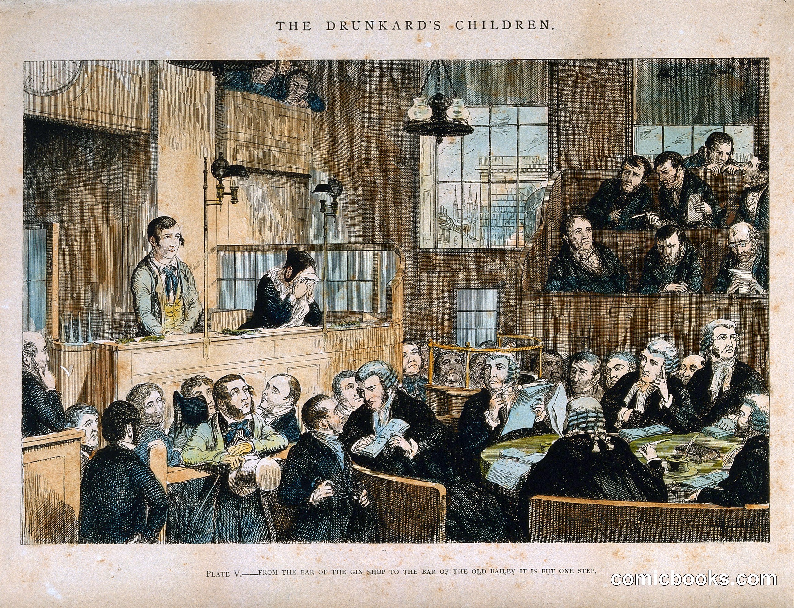 The Drunkard's Children, Plate V: From the Bar of the Gin-Shop to the Bar of the Old Bailey