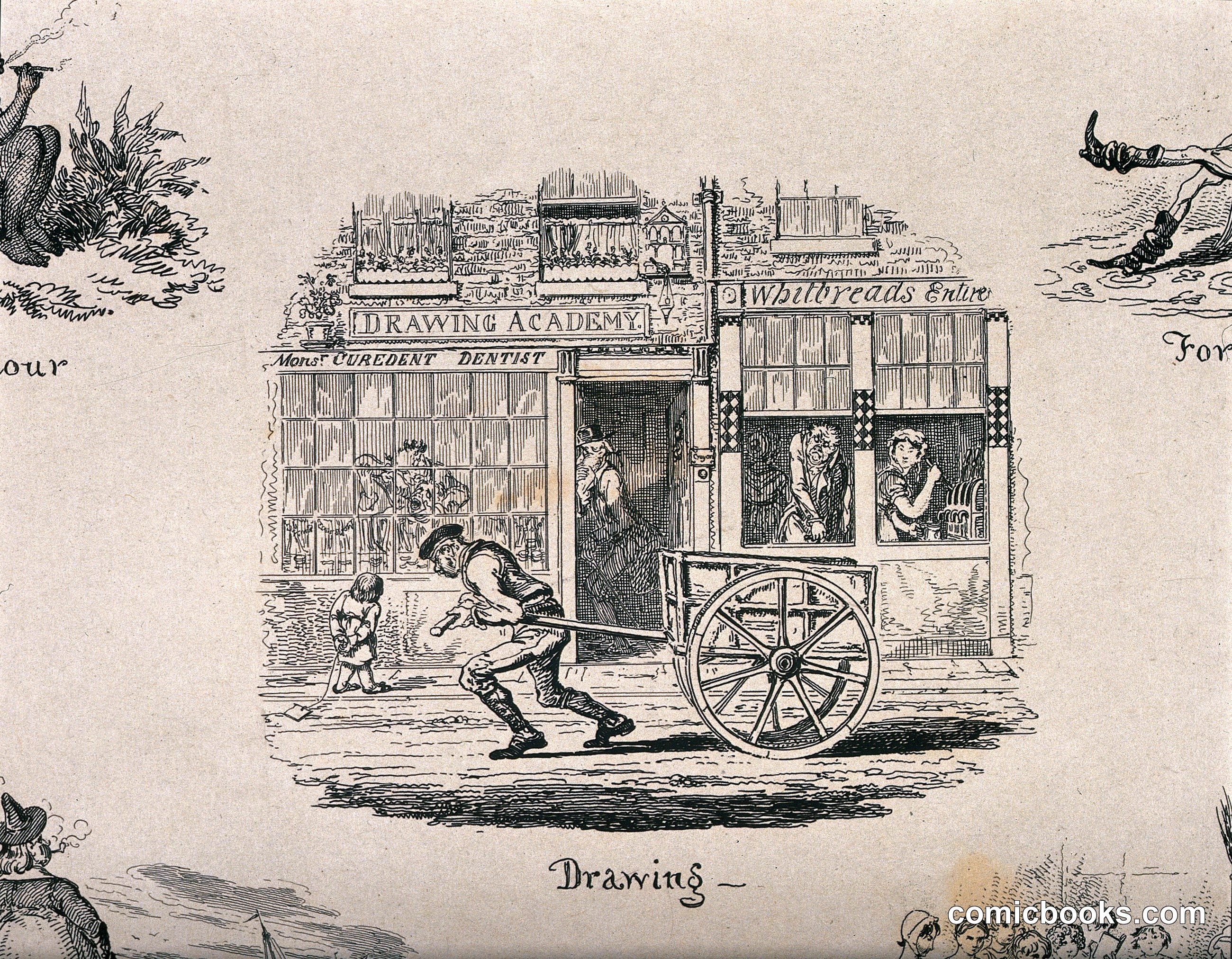 A Man Pulling a Cart Past Monsr. Curedent's Dental Surgery
