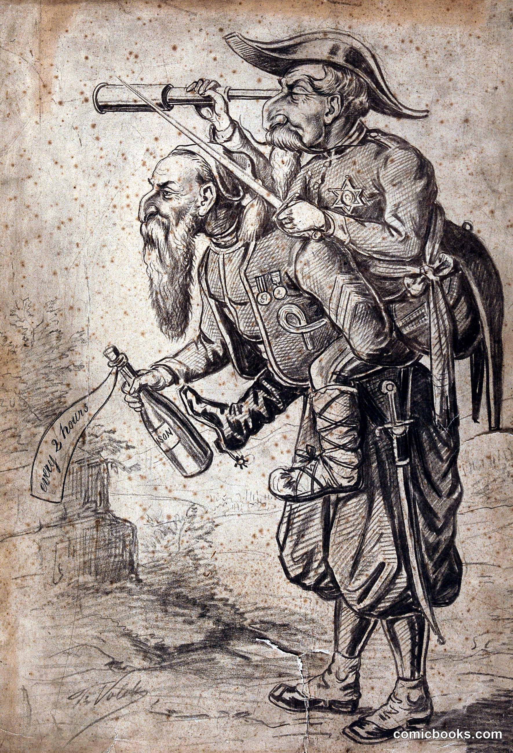 A Man with a Telescope Riding on Another Man's Back