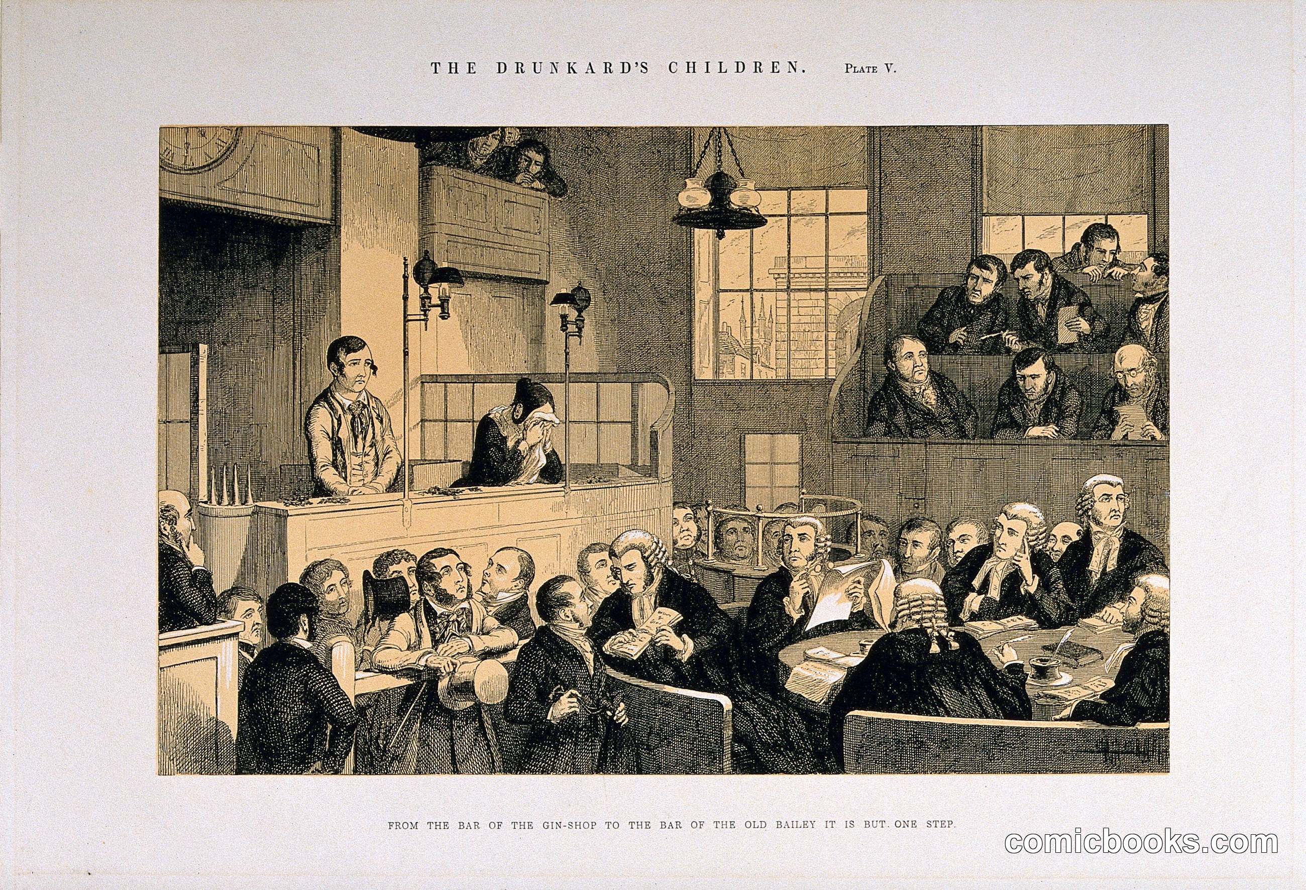 The Drunkard's Children, Plate V: From the Bar of the Gin-Shop to the Bar of the Old Bailey