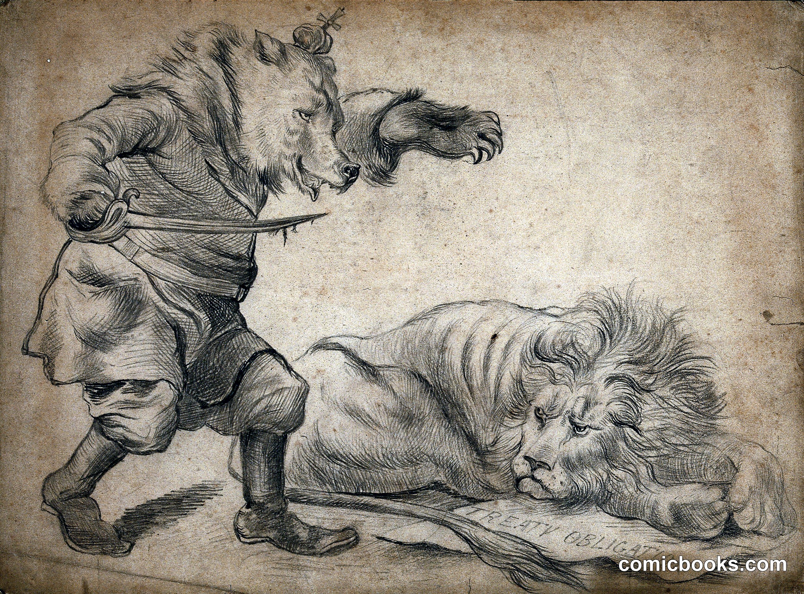 A Bear Wearing a Crown Creeping up on a Lion