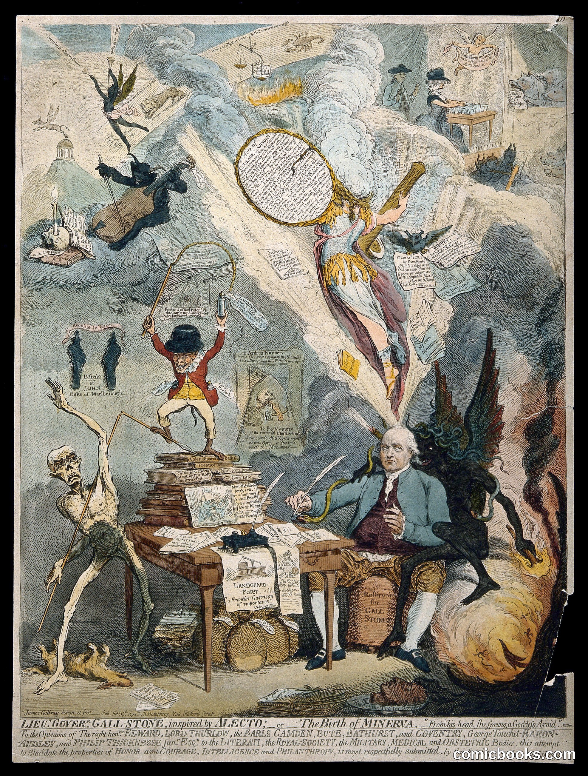 Philip Thicknesse writing at a table, surrounded by demonic apparitions representing aspects of his life