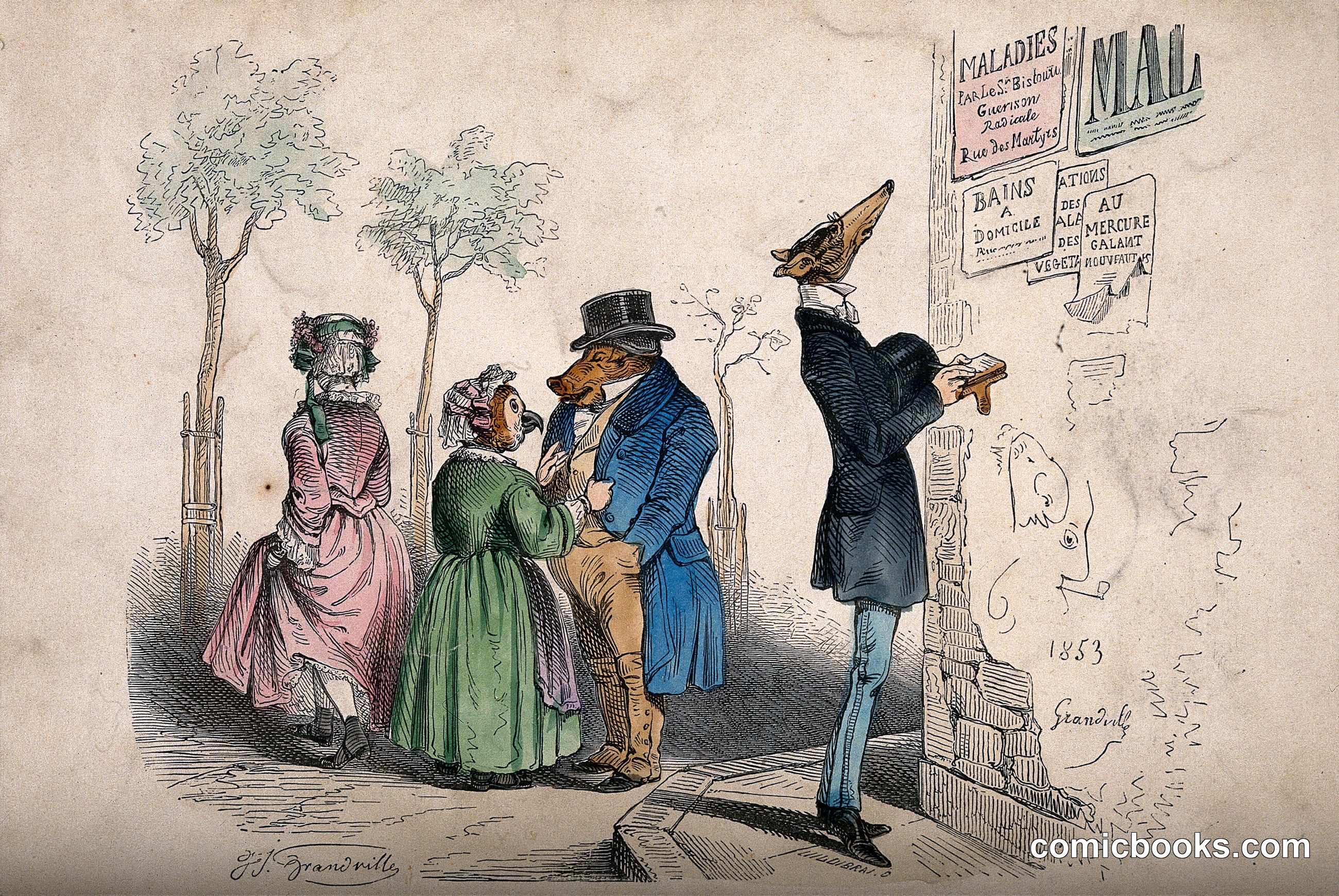 Animals dressed as gentlemen and ladies survey the medical advertisements on a wall