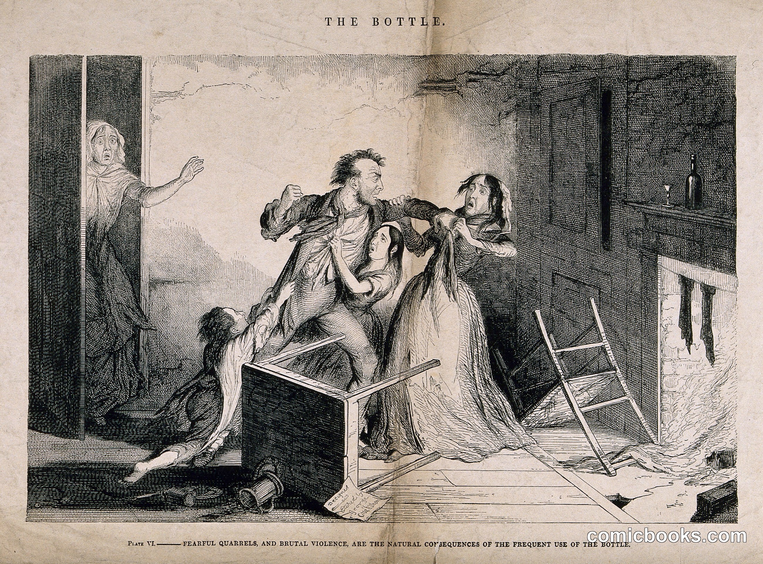 A drunken man fights with his family, all ruined through his drinking habit
