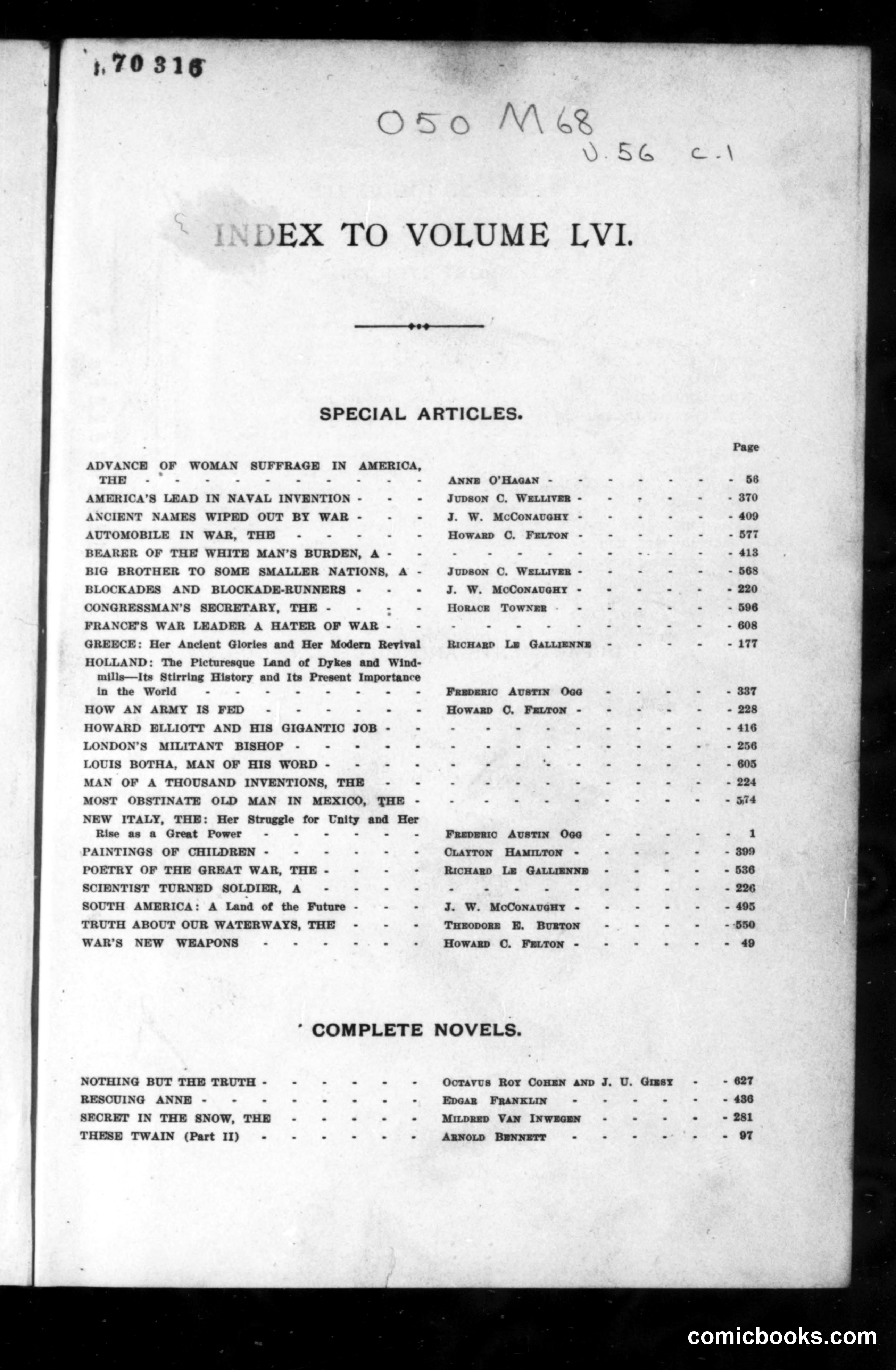 Munsey's Magazine Index to Volume LVI