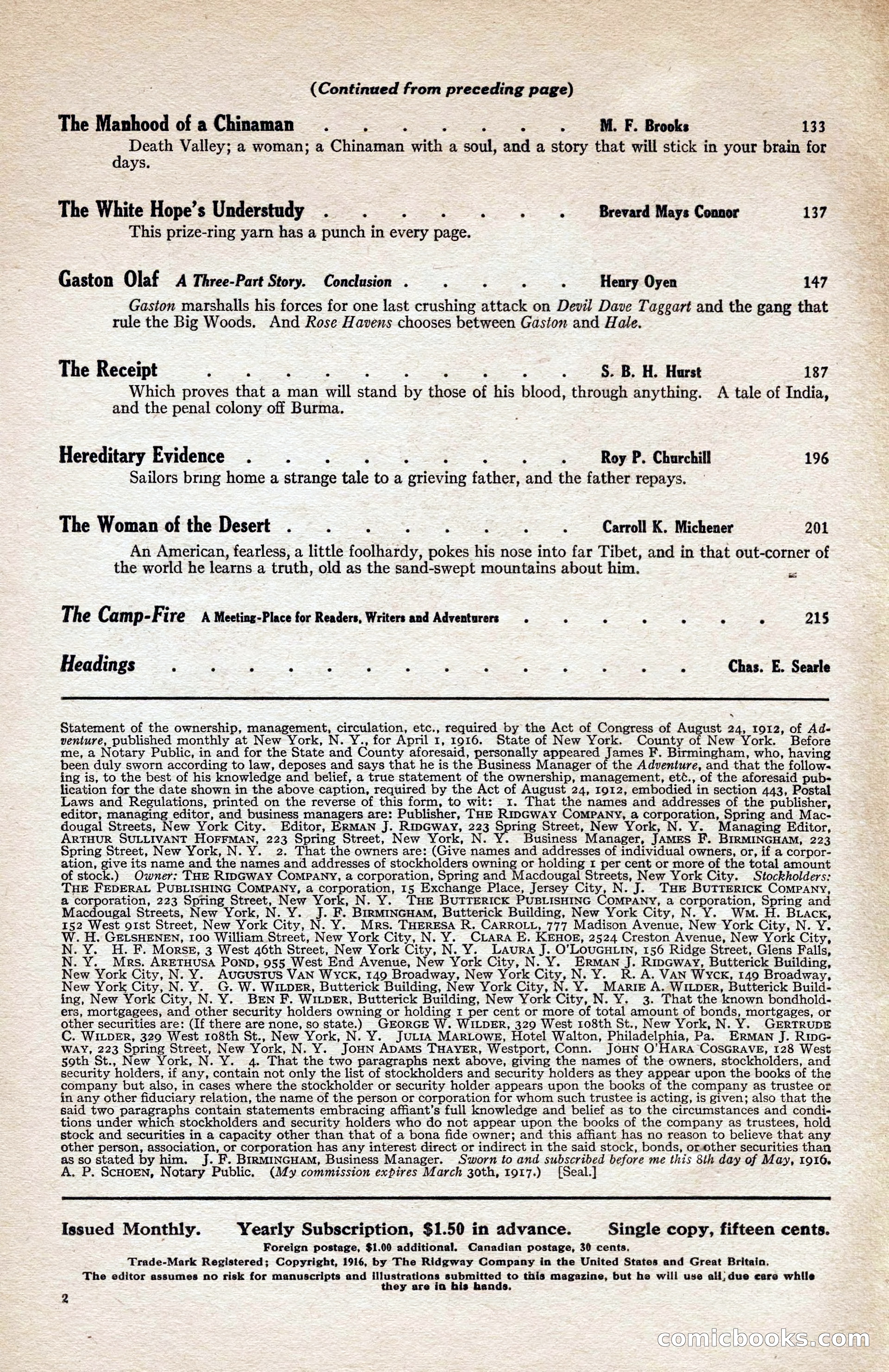 Adventure Magazine, August 1916 — page 4 of 228