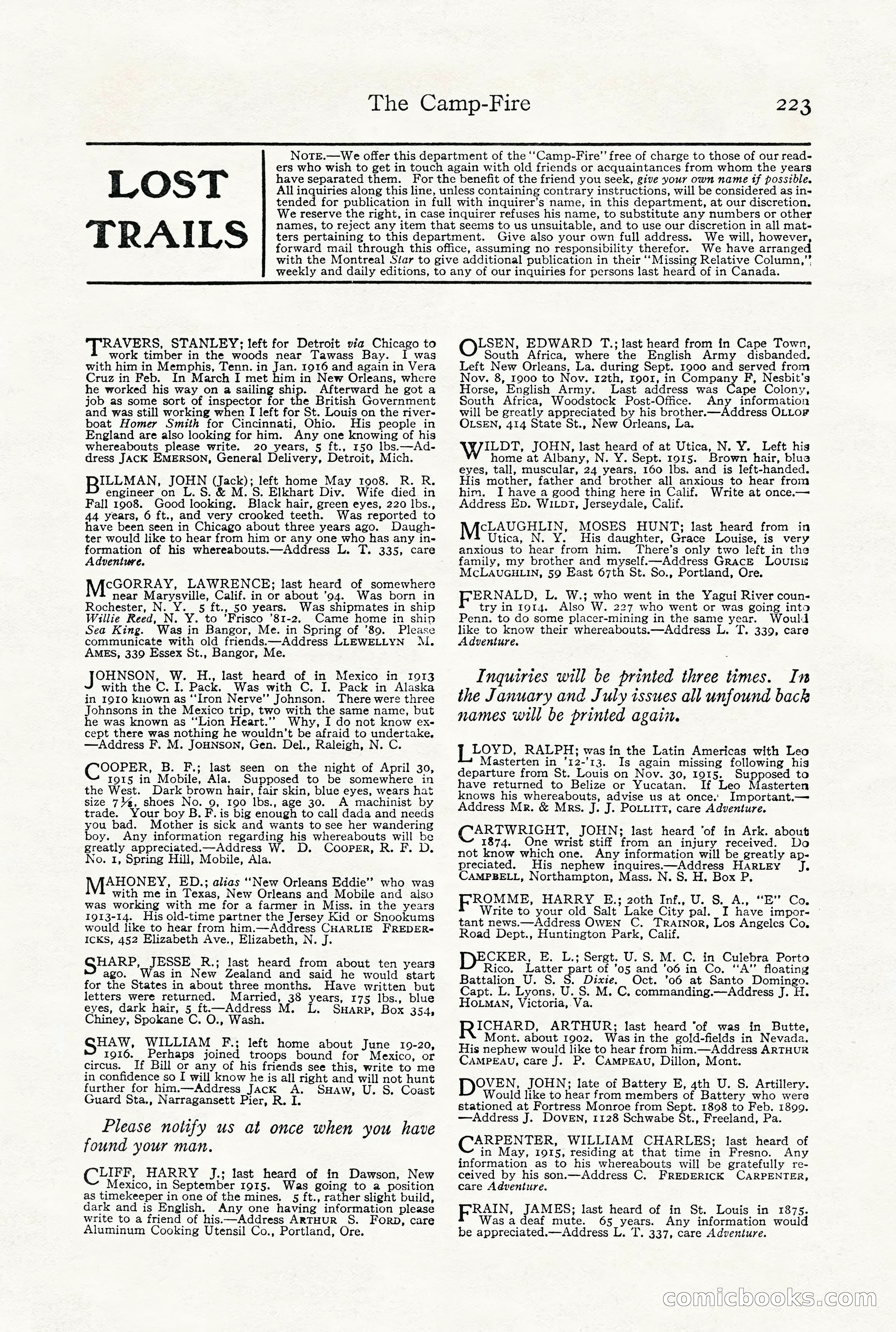 Adventure Magazine, December 1916 — page 225 of 228