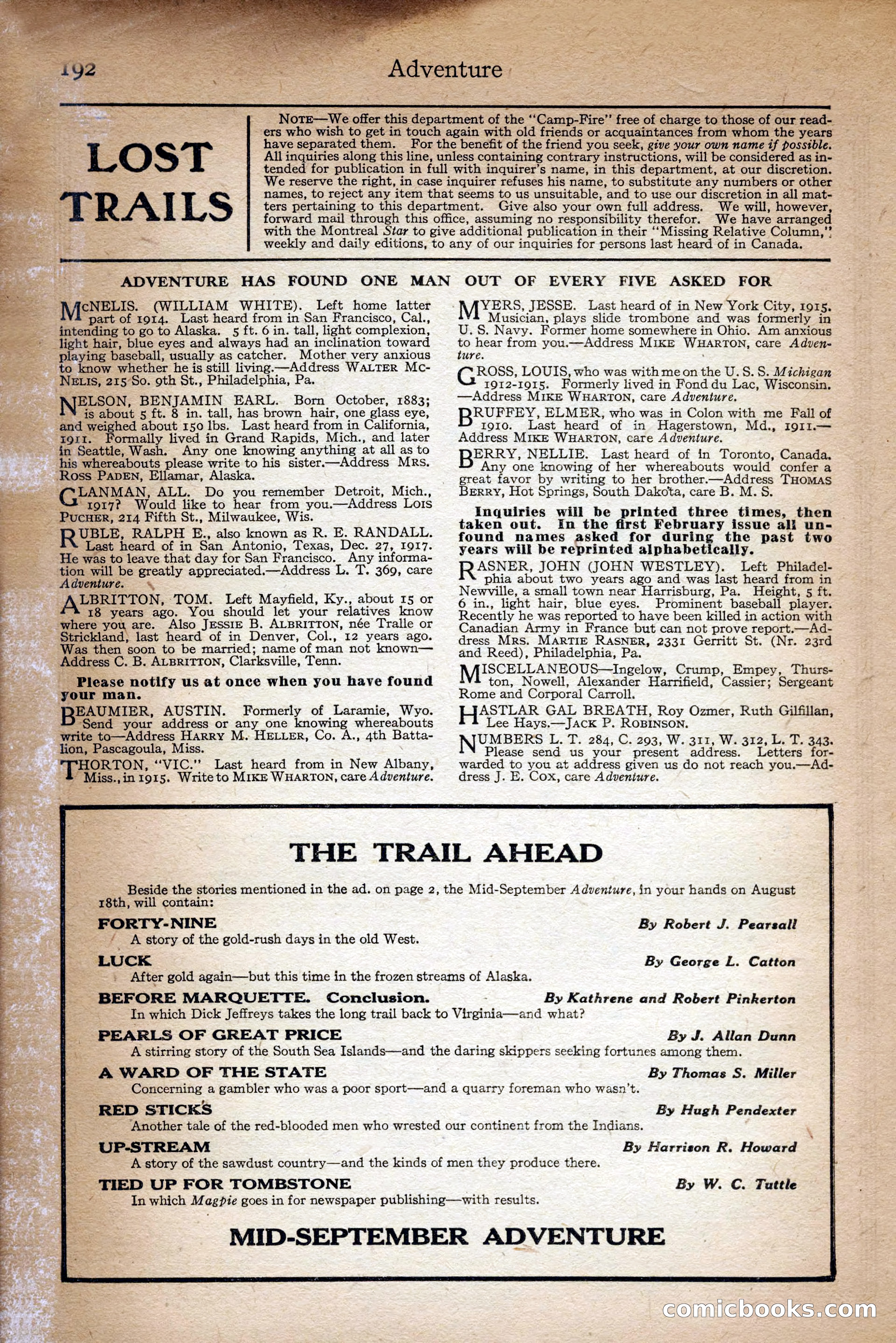 Adventure Magazine Cover, September 3, 1918 — page 194 of 196