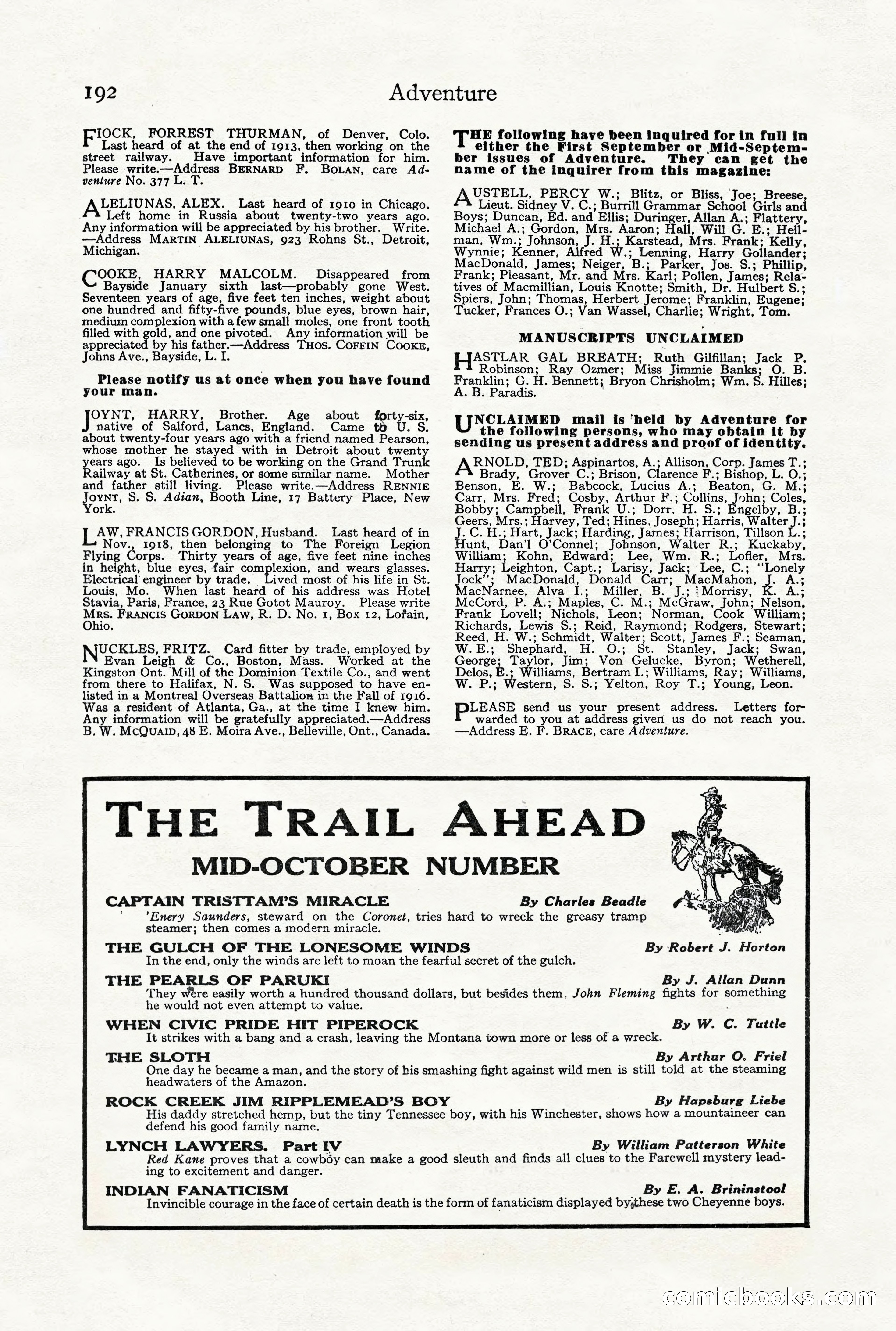 Adventure Magazine, October 3, 1919 — page 206 of 206
