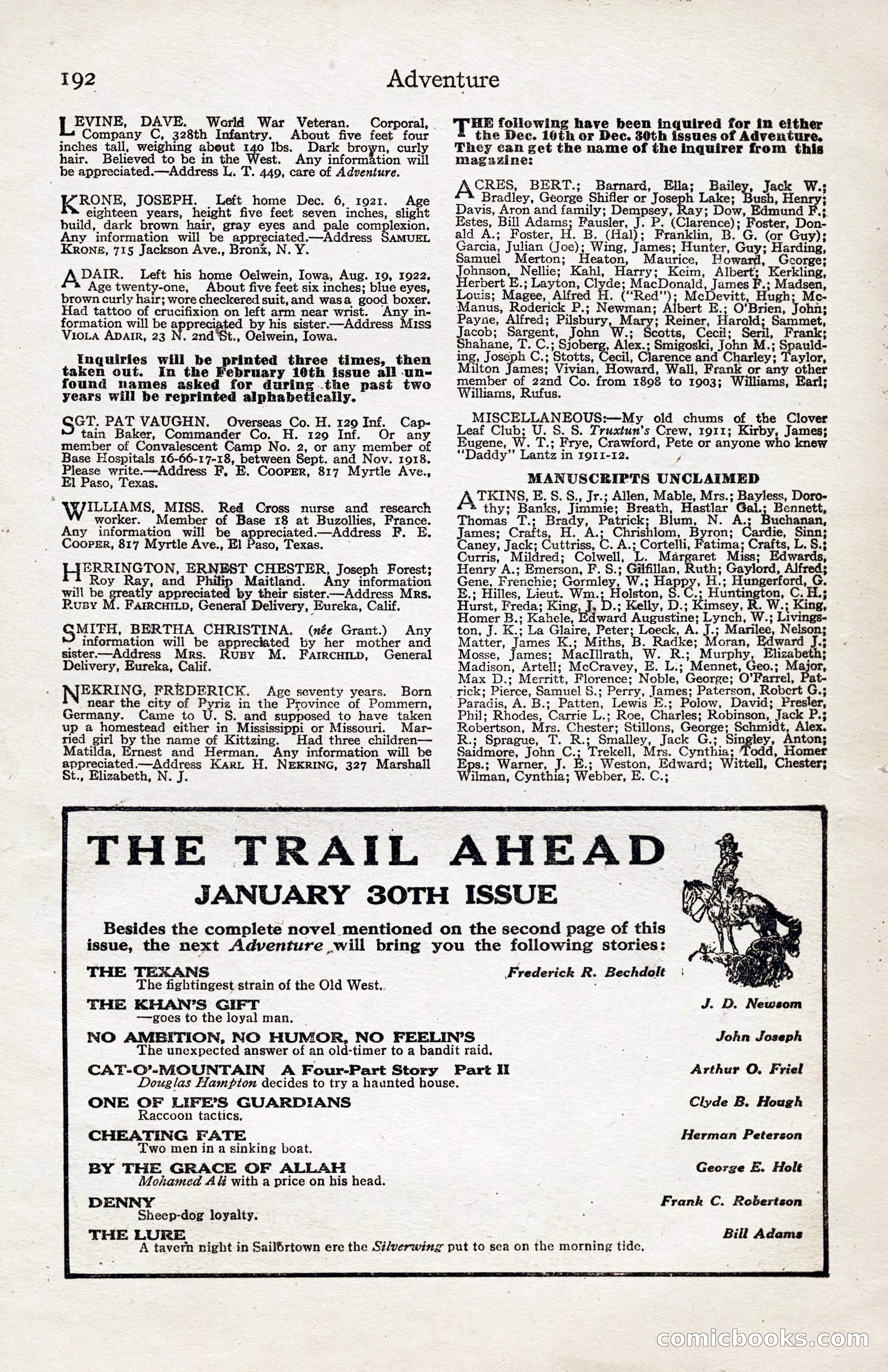Adventure Magazine, January 20, 1923 — page 194 of 194