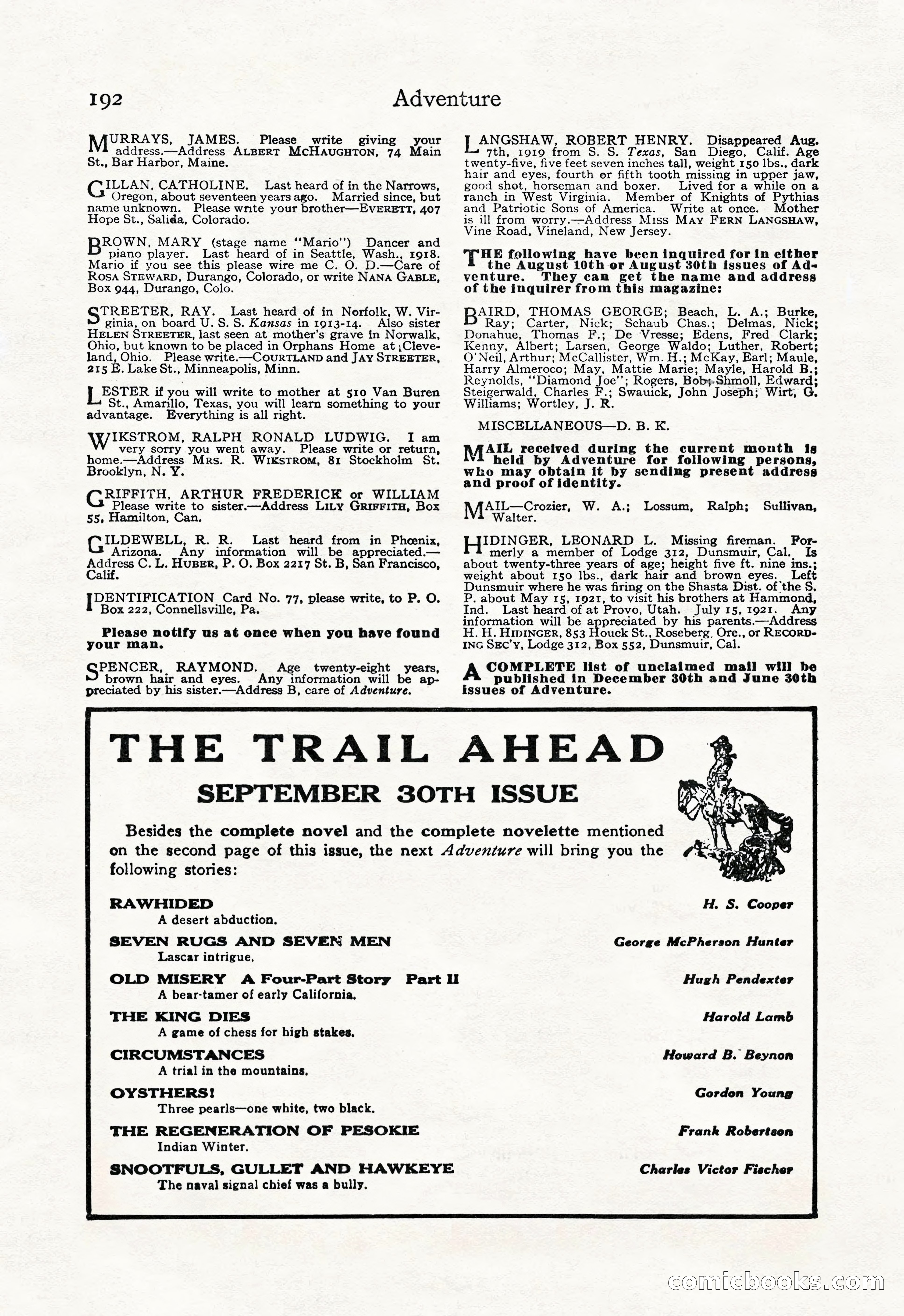 Adventure Magazine, September 20, 1923 — page 206 of 208