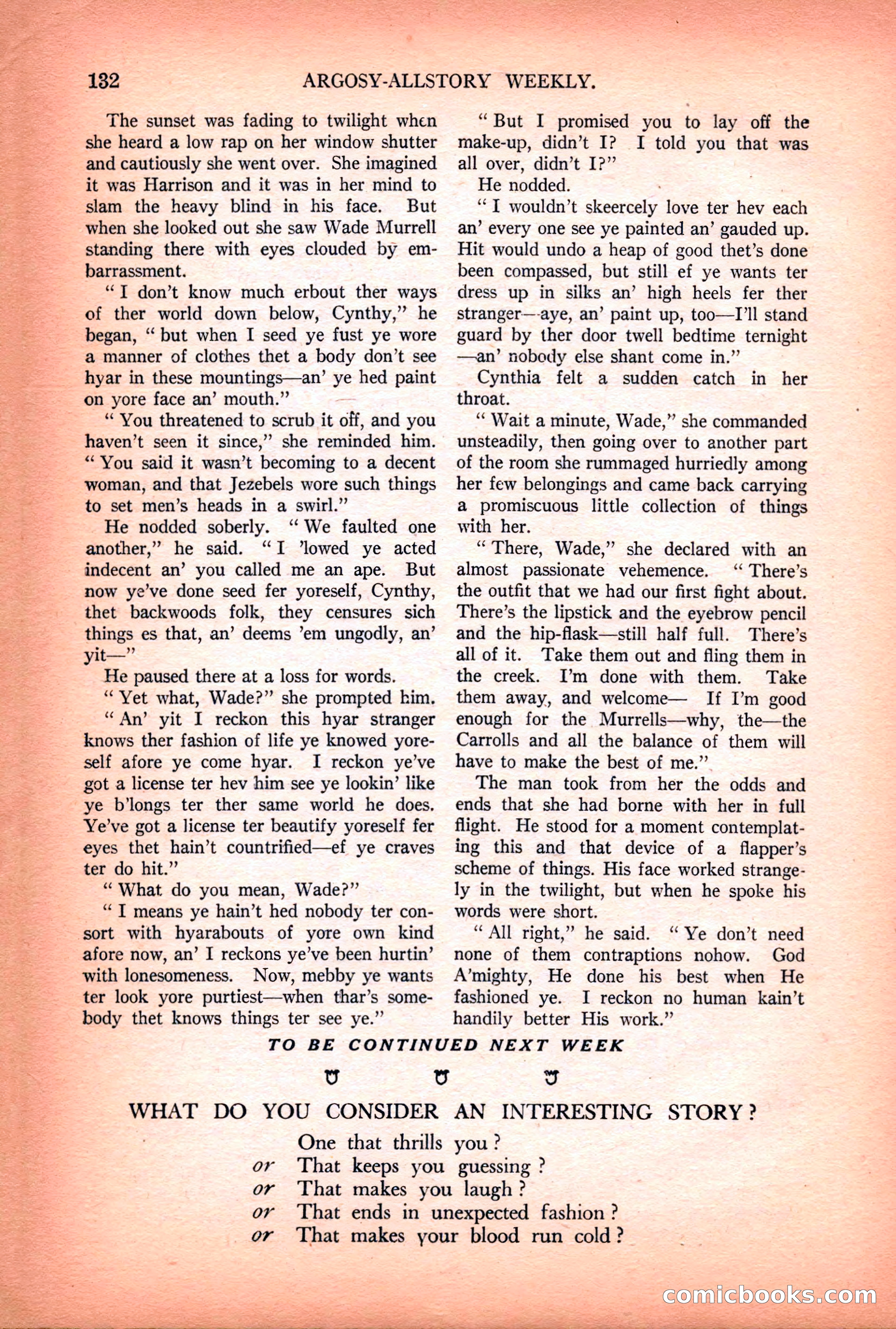 Argosy All-Story Weekly — "Lure of the Wild" — page 144 of 174