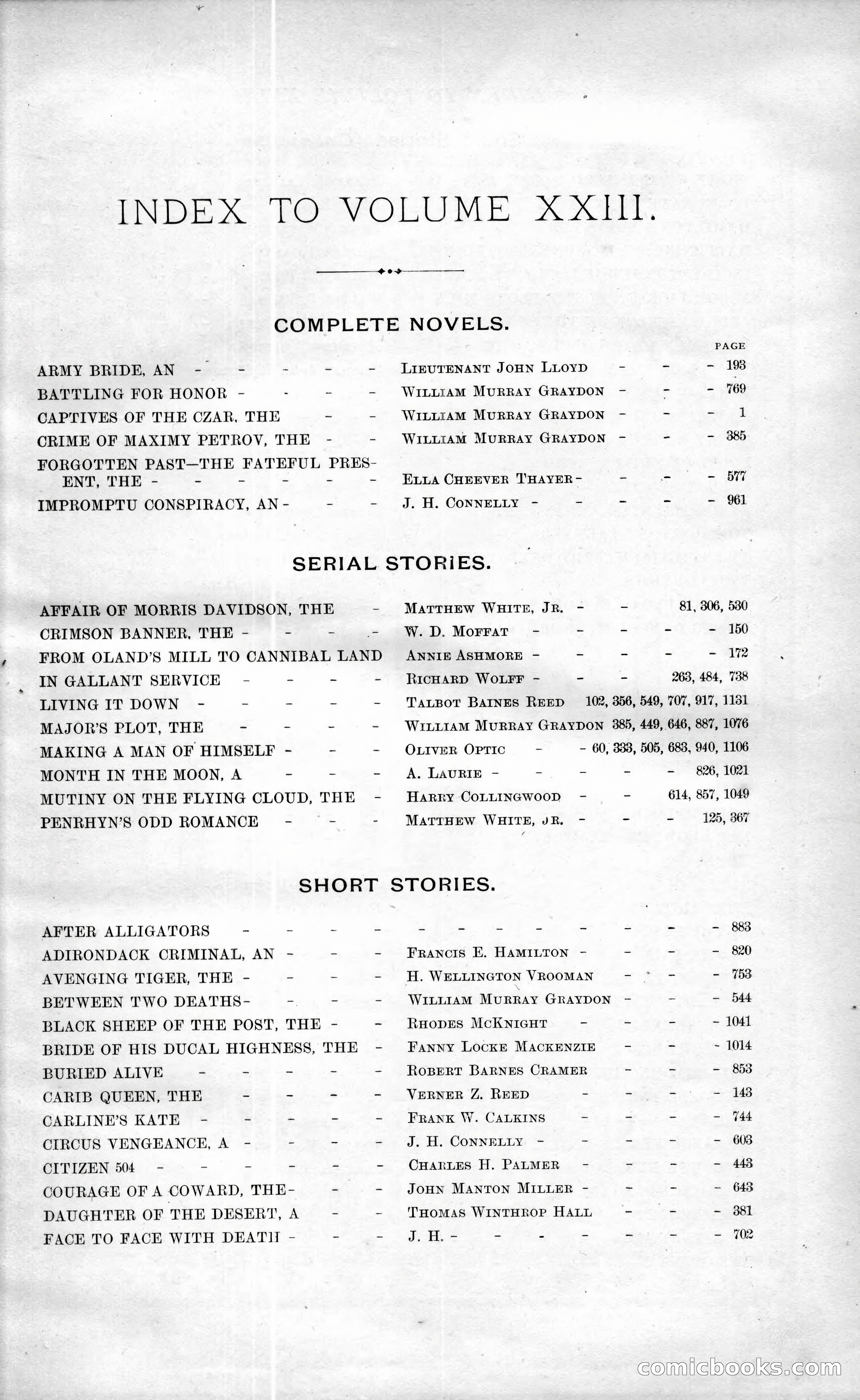 Argosy, Volume XXIII — Index Page, 1897