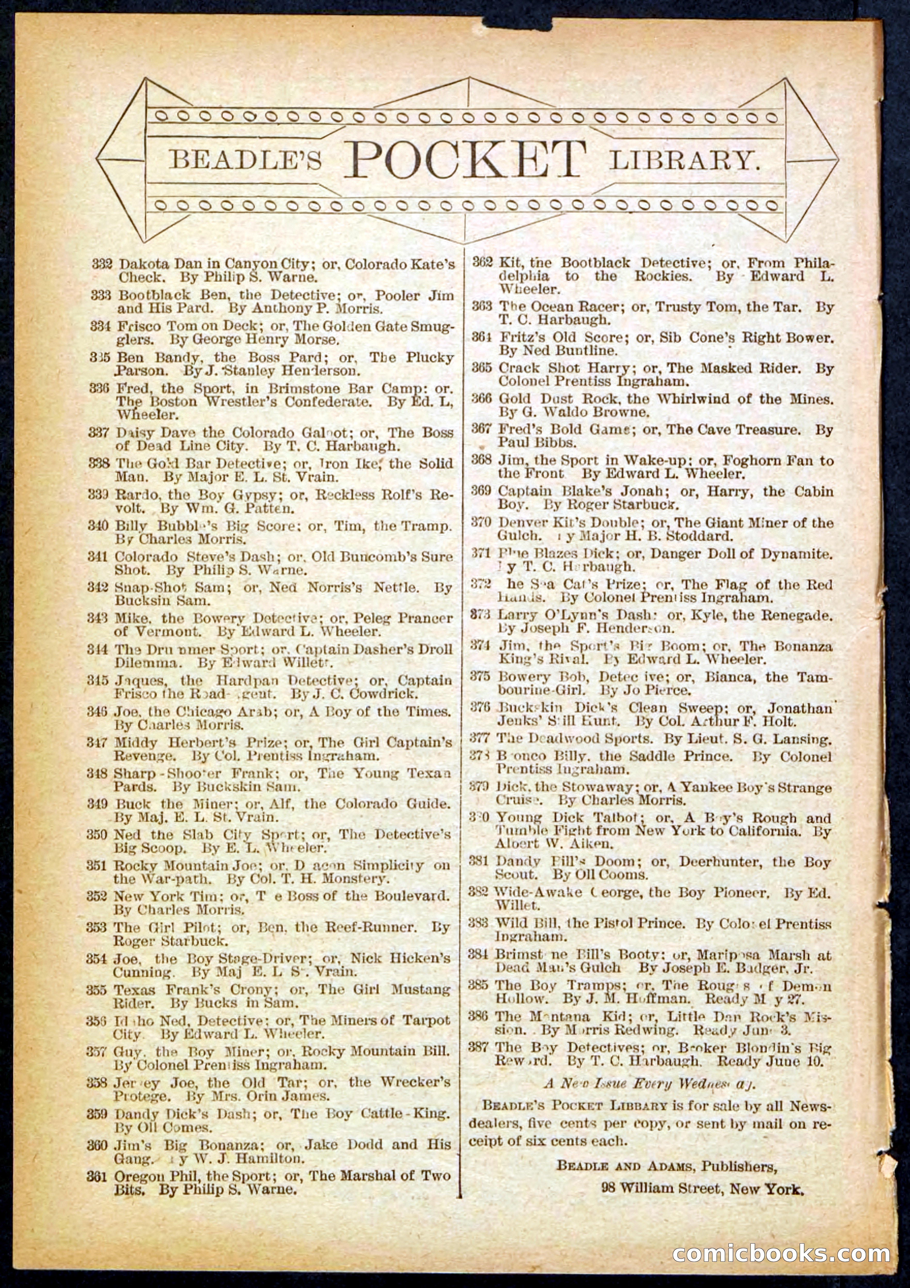 Beadle's Pocket Library No. 382 — page 32 of 32