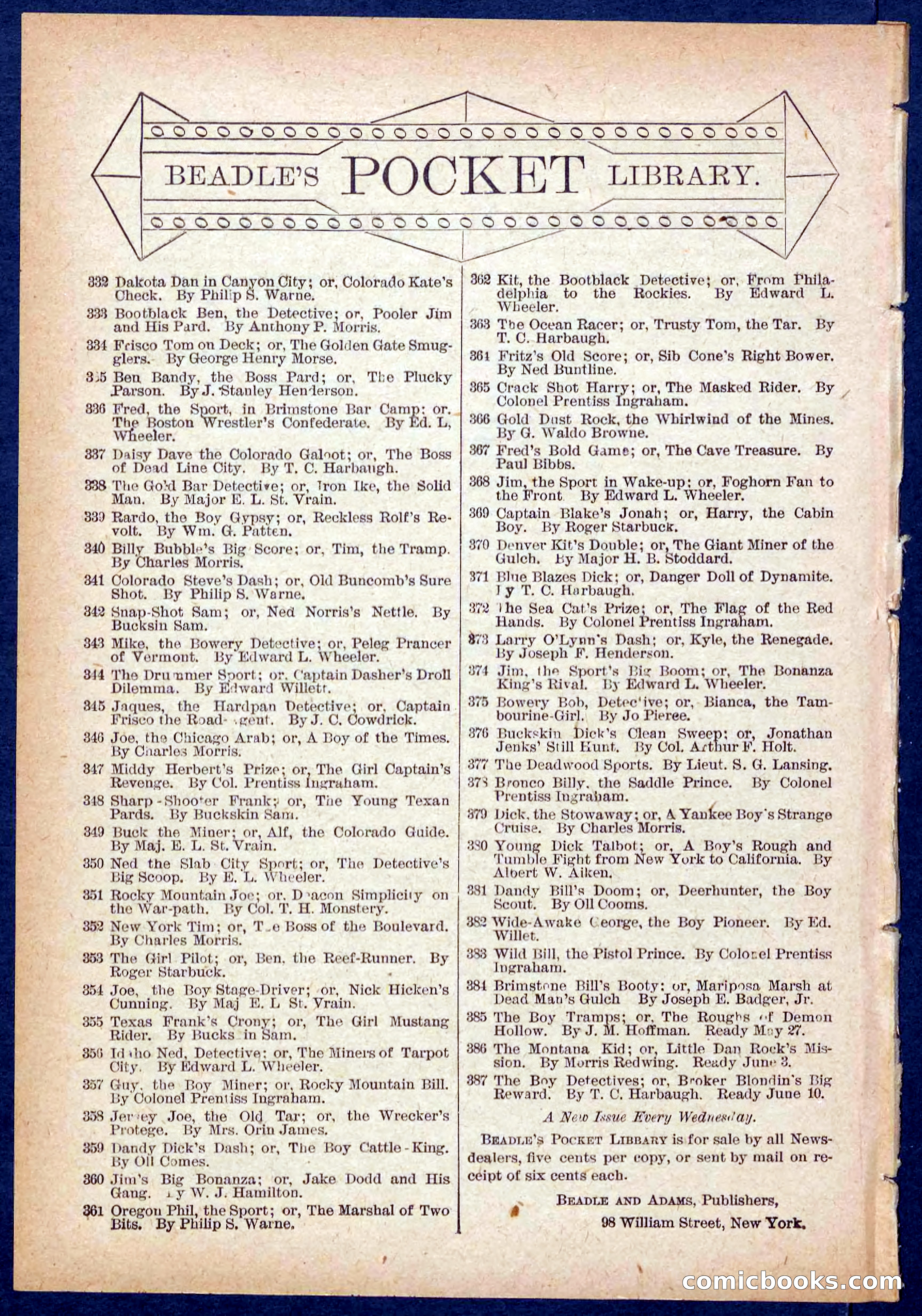 Beadle's Pocket Library No. 385: The Boy Tramps — page 32 of 32