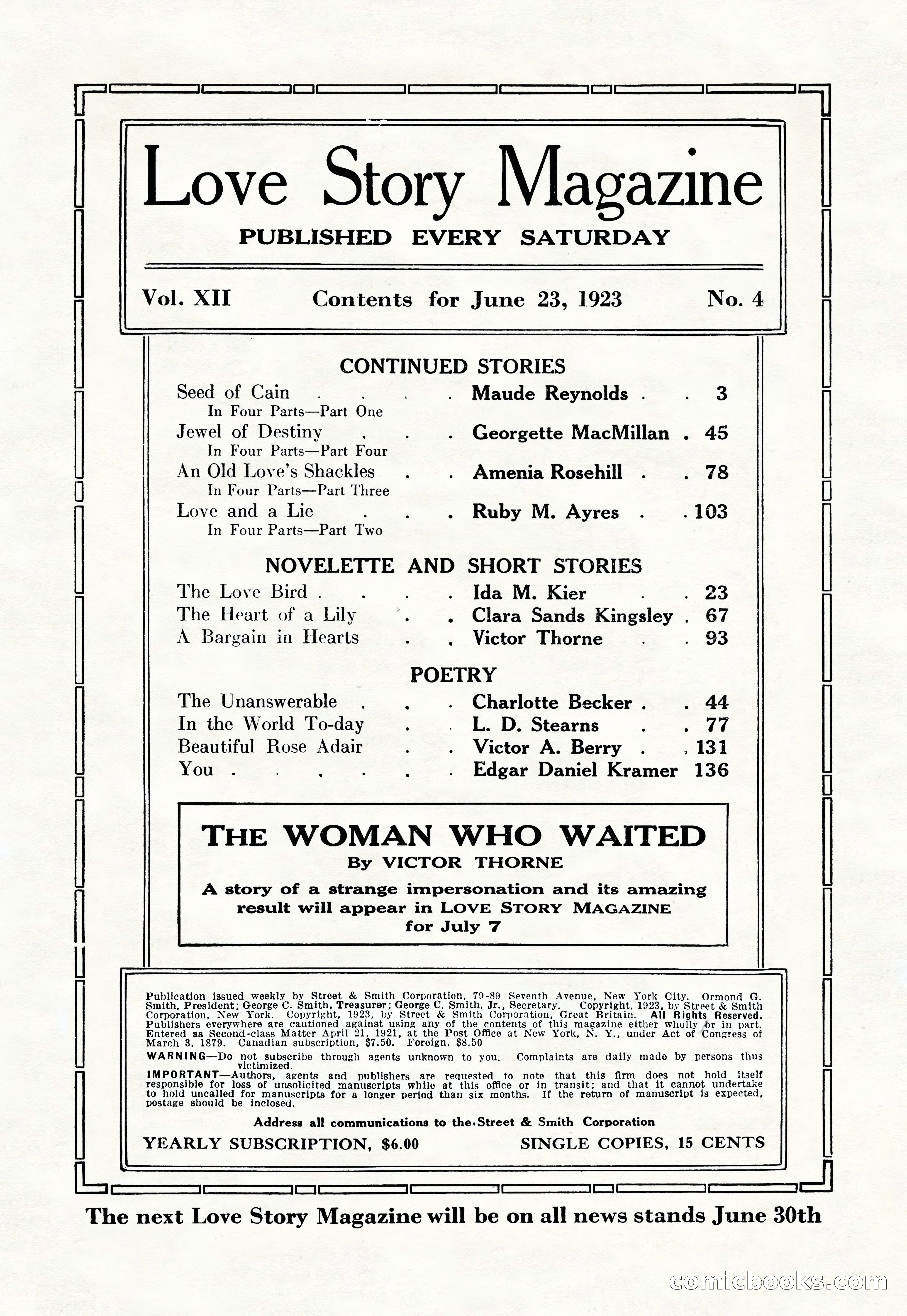 Love Story Magazine, June 23, 1923 — page 3 of 148