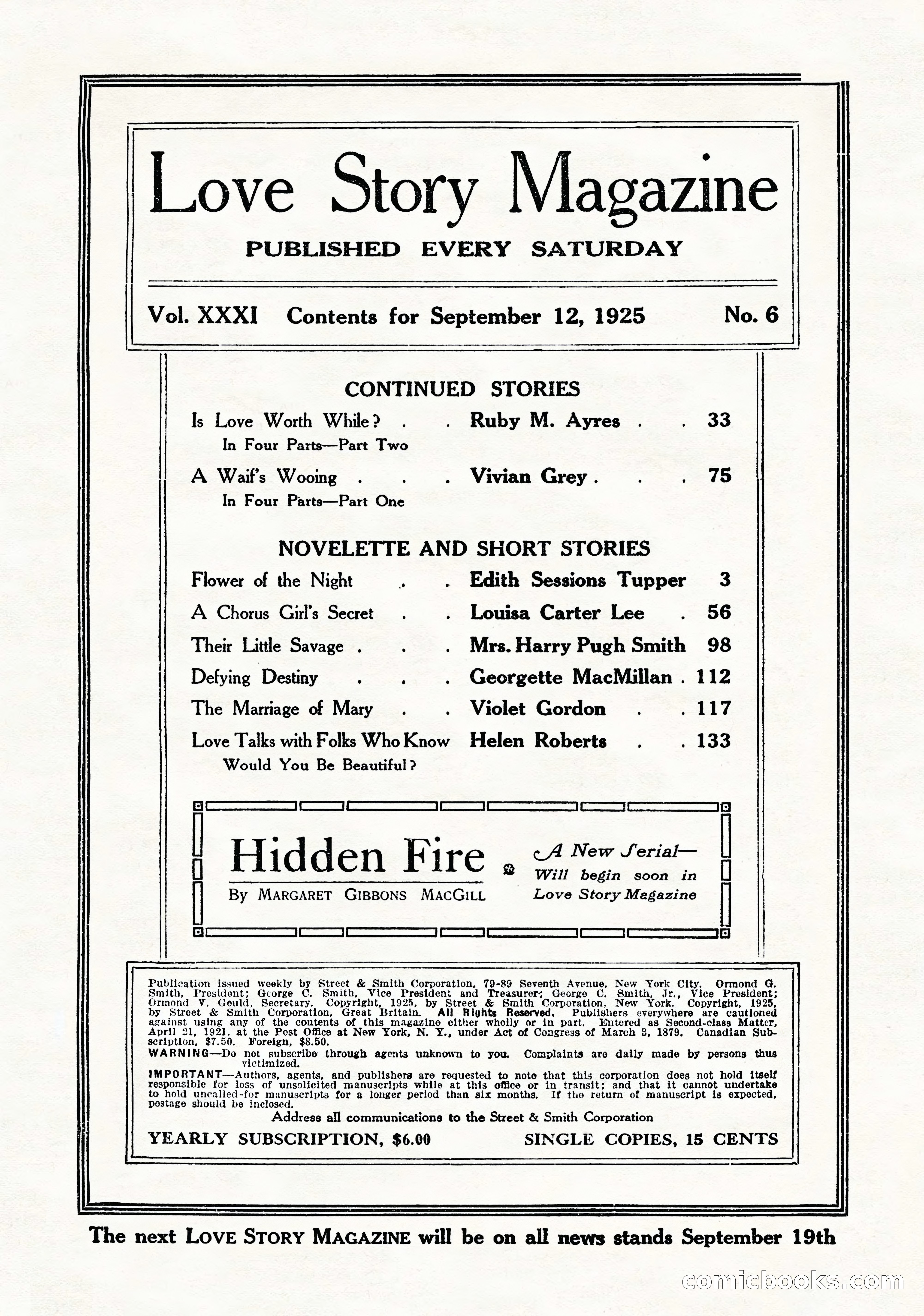 Love Story Magazine, September 12, 1925 — page 3 of 148