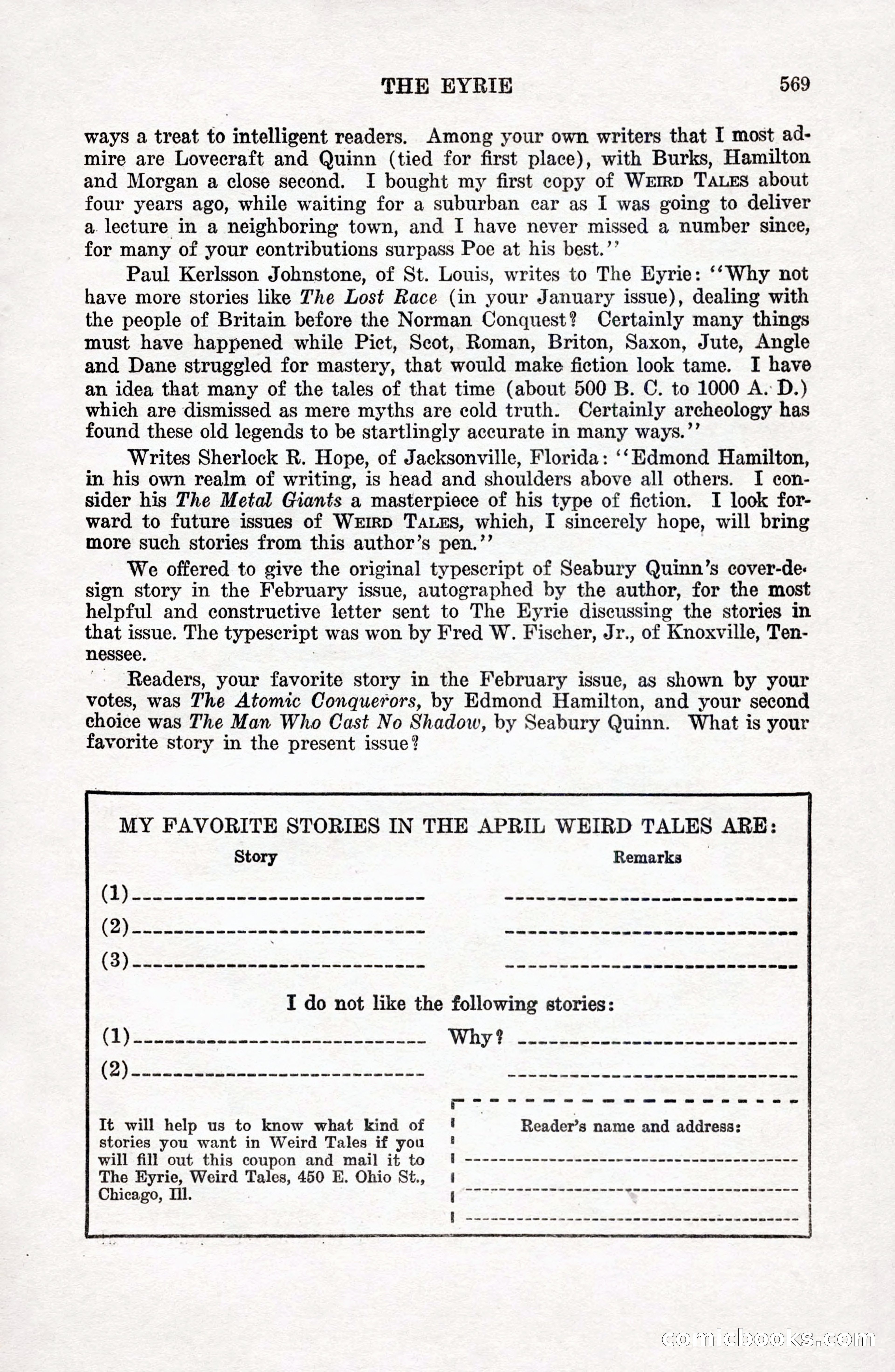 Weird Tales, Vol. 9 No. 4 — page 139 of 148