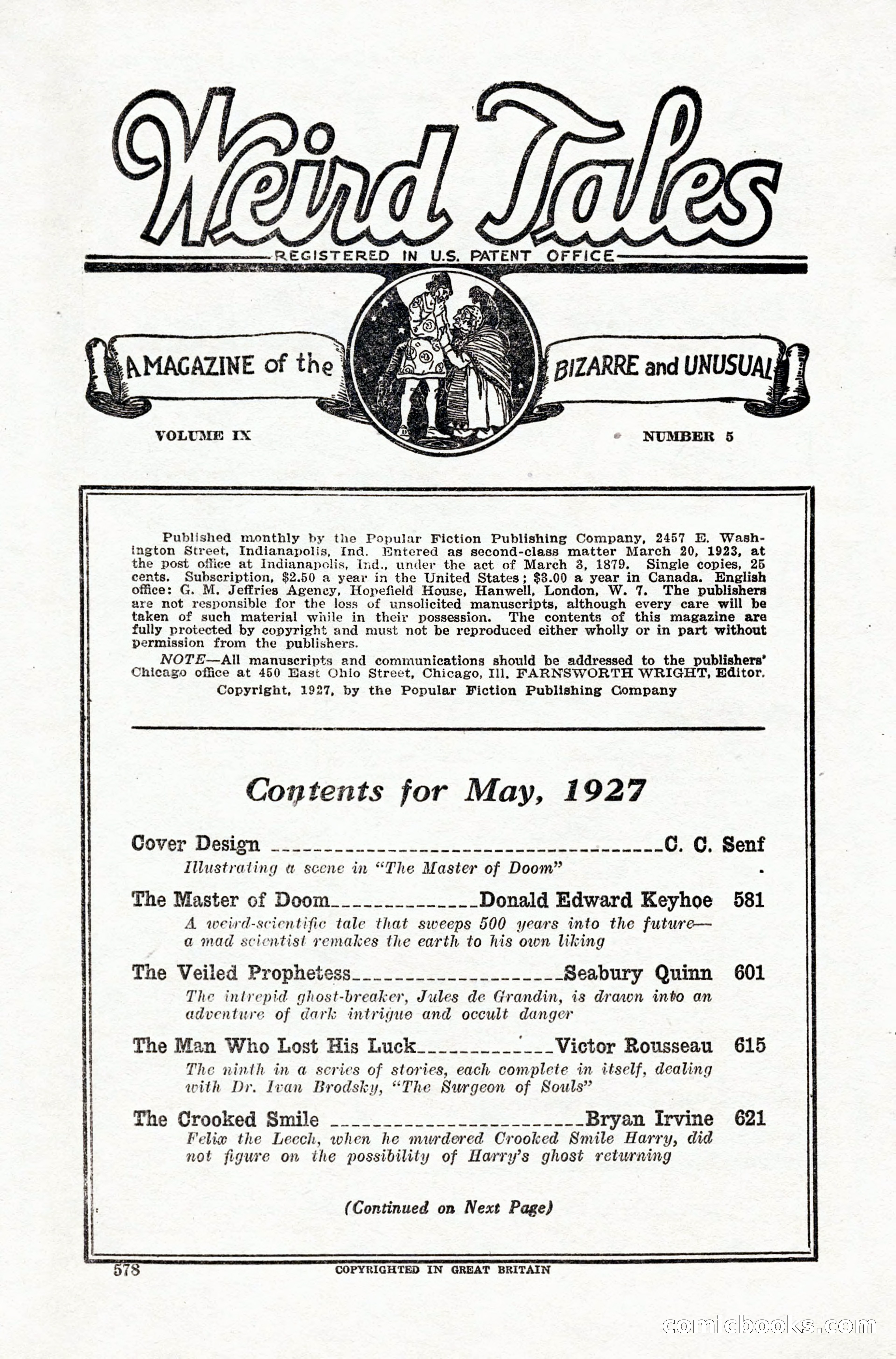 Weird Tales, Vol. IX, No. 5 — page 4 of 148
