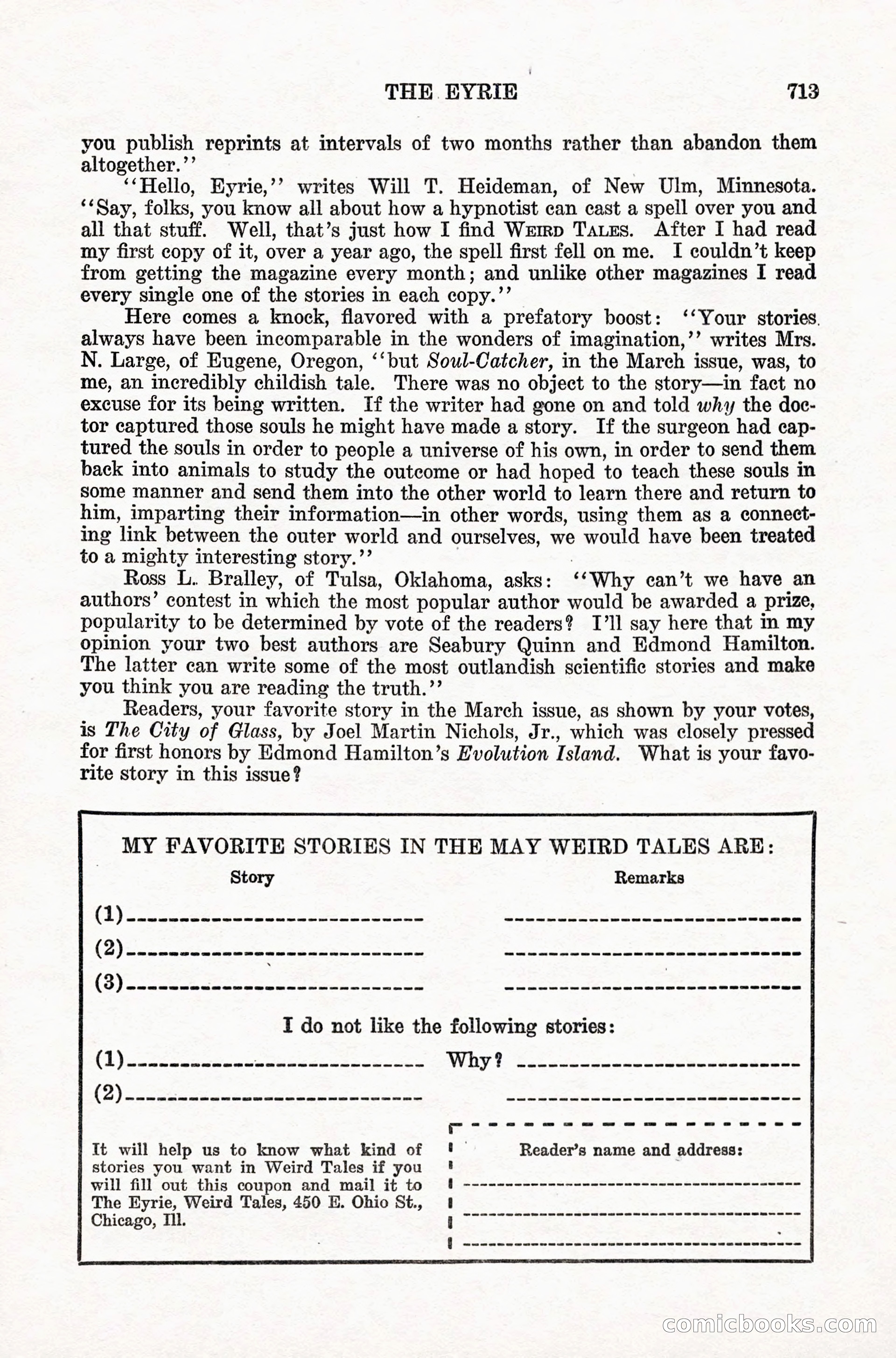 Weird Tales, Vol. IX, No. 5 — page 139 of 148