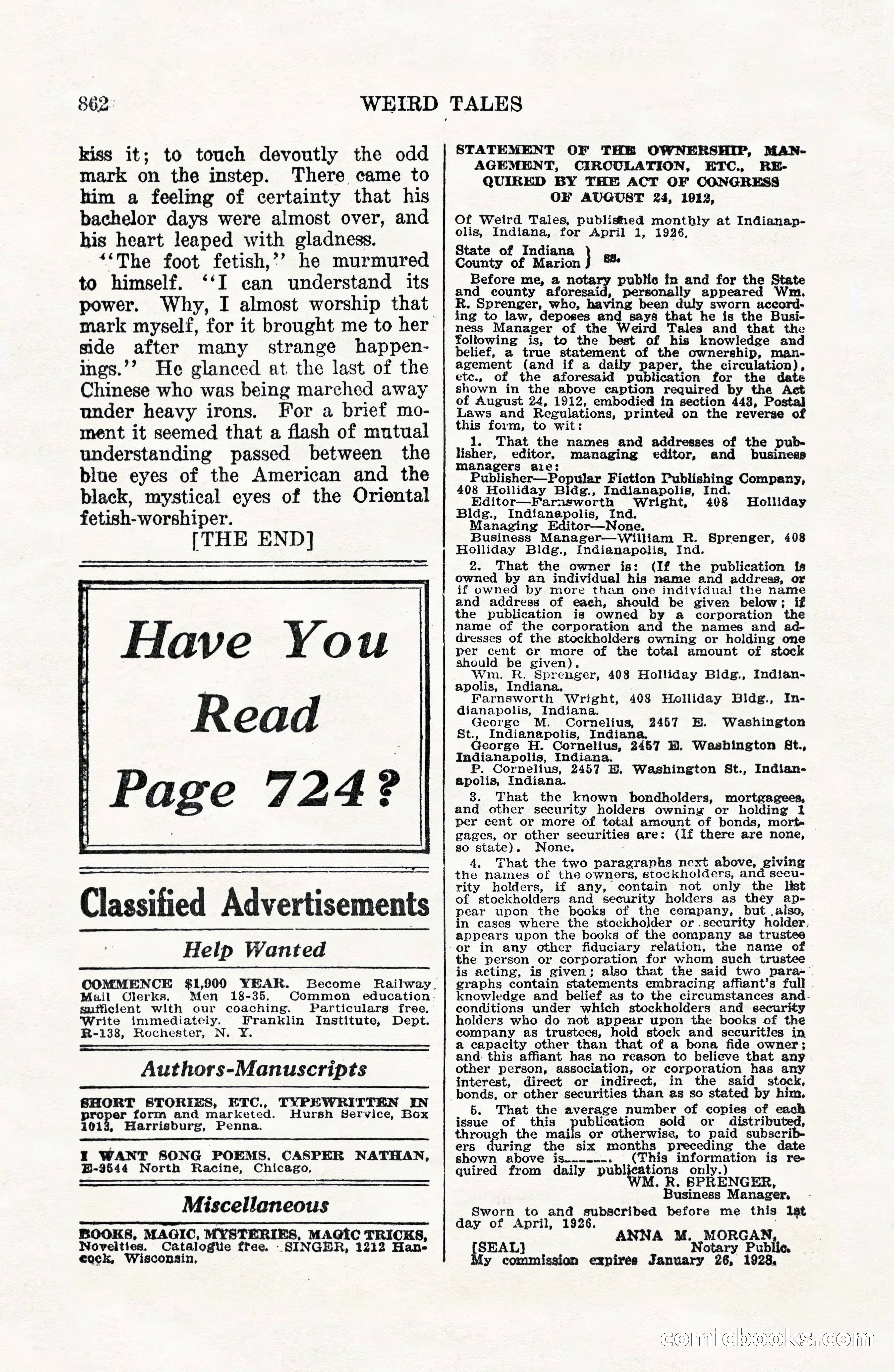 Weird Tales, Vol. VII, No. 6 — page 144 of 148