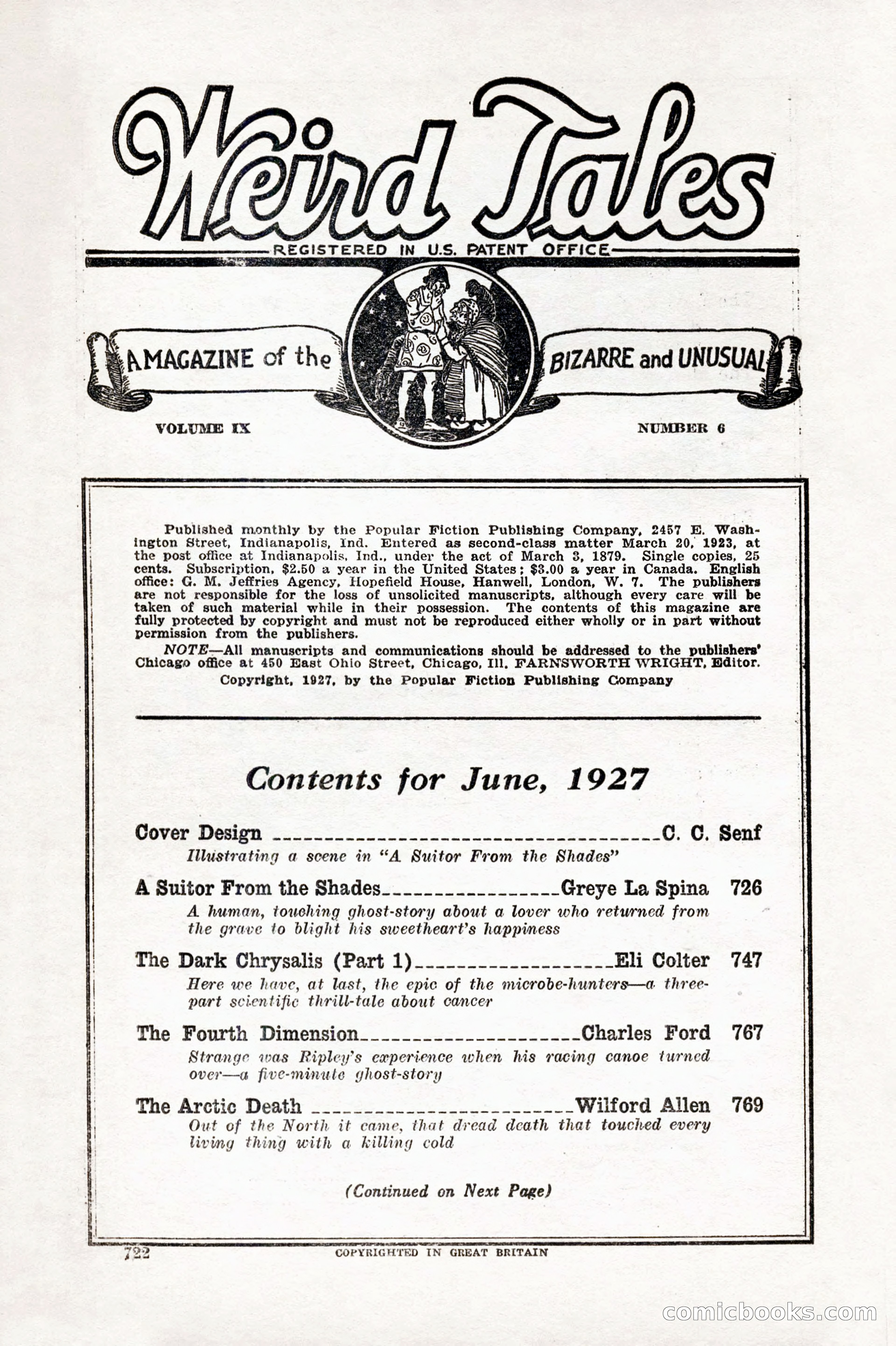 Weird Tales, Vol. IX, No. 6 — page 4 of 148