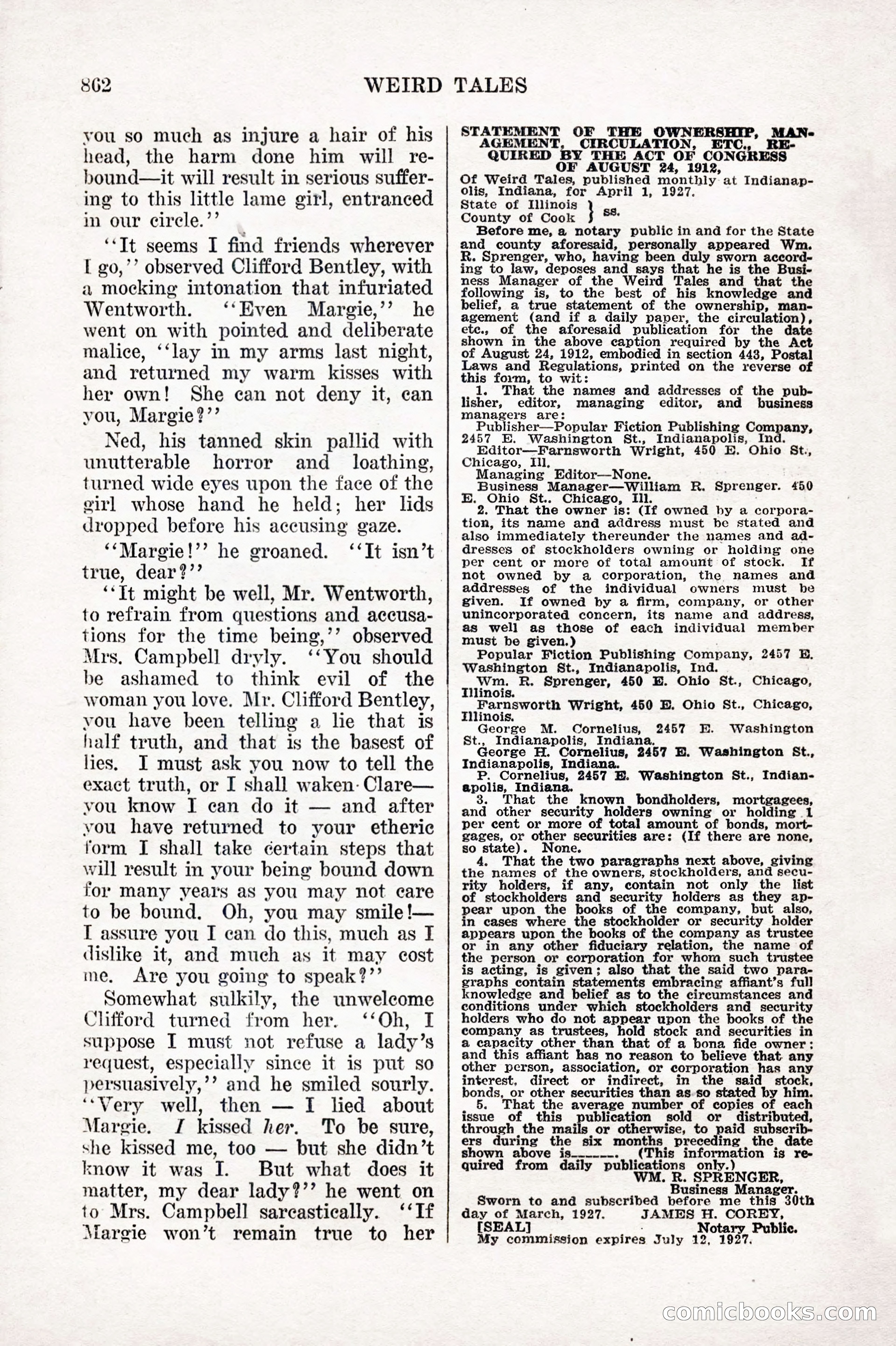 Weird Tales, Vol. IX, No. 6 — page 144 of 148