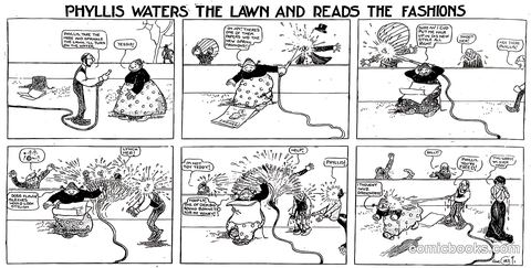 Phyllis Waters the Lawn and Reads the Fashions