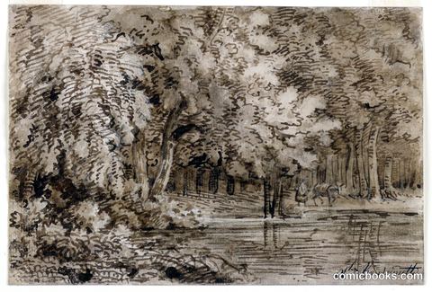 Woodland Scene with Animals Drinking
