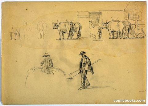 Sketches in Barnyard, Oxen and Farmer with Rake